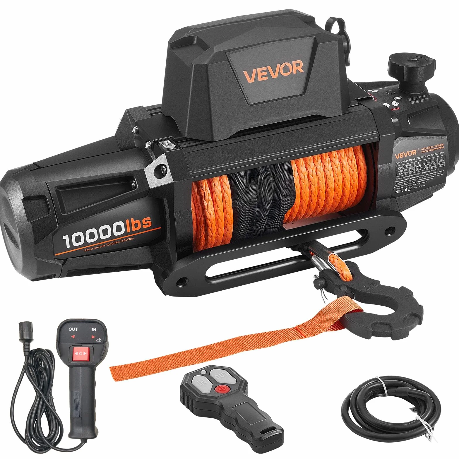 VEVOR Wciągarka elektryczna, pojemność 4500 kg, wciągarka do ciężarówek 12 V DC z liną syntetyczną Φ8,9 mm x 27,4 m, bezprzewodowy i przewodowy pilot zdalnego sterowania, IP67 do holowania SUV, Jeepa