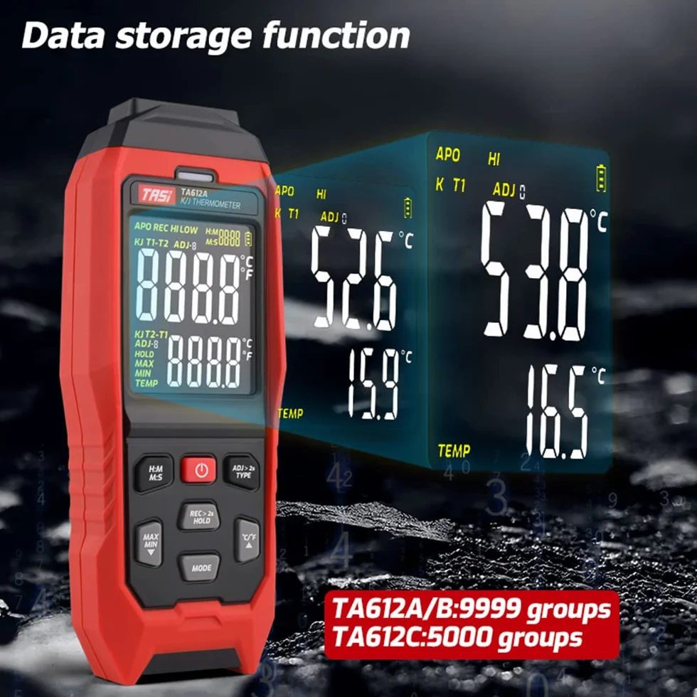 TA612C termometr termoelementowy typu K/J z 4 kanałami -200~1372℃/-328~2501℉ cyfrowy ręczny miernik temperatury LCD 5000 grup, przechowywanie danych z przesyłaniem danych USB i pomiarem w czasie rzeczywistym