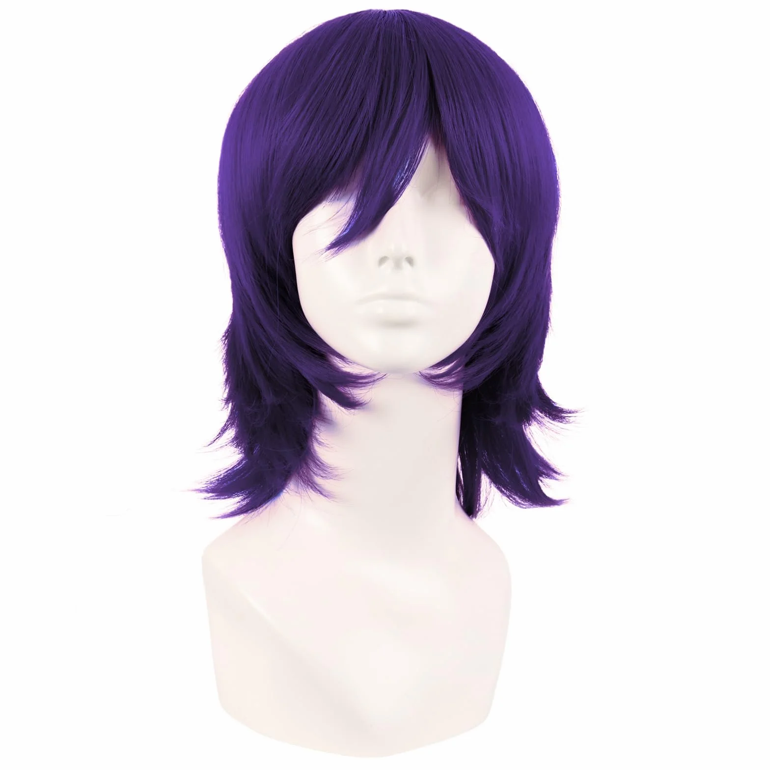 MapofBeauty 35 cm/14 cali krótka peruka cosplay z ogonem wilka, syntetyczna z przedziałkiem, grzywka na imprezę (ciemny fiolet)