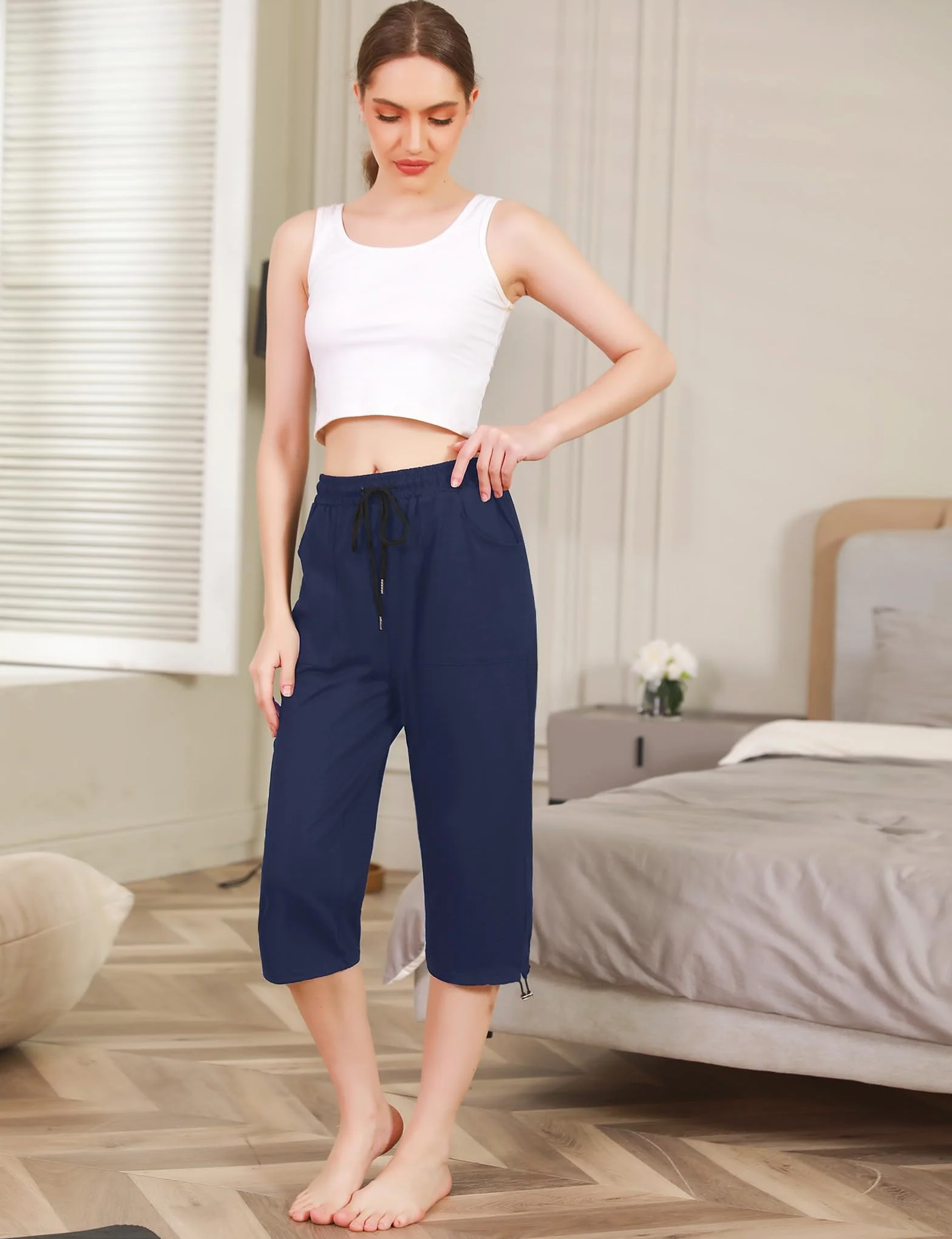 Totatuit Damskie letnie spodnie capri do biegania, bawełna 3/4, spodnie letnie, joga, fitness, odzież sportowa z kieszenią do uprawiania sportu i spędzania wolnego czasu, granatowy, S