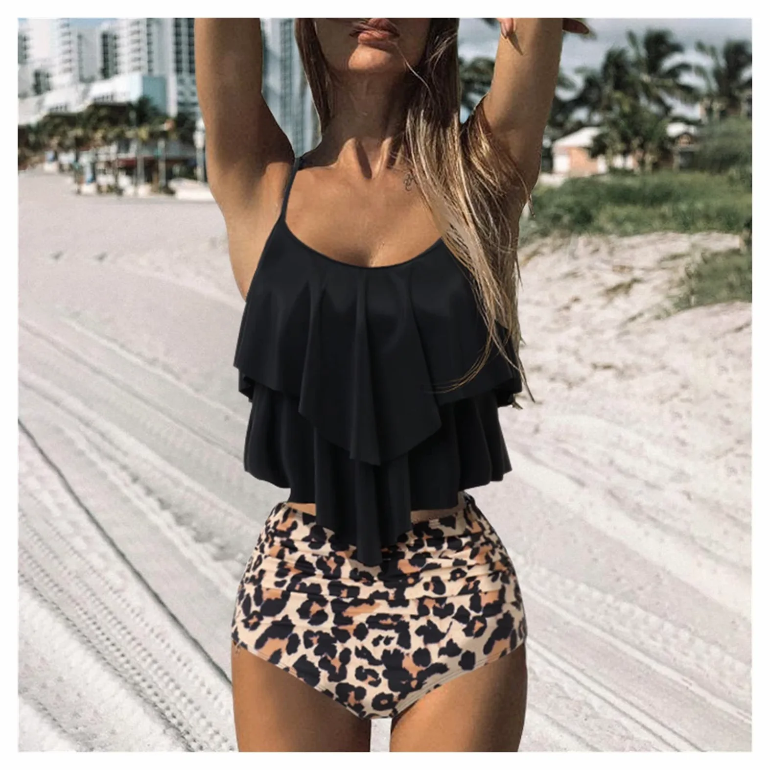 Dwuczęściowy strój kąpielowy Leopard Bikini Wysoka talia Bikini Zwierząt Drukuj Kwiatowy strój kąpielowy Strój kąpielowy z falbanką Stroje kąpielowe w dużych rozmiarach Kobiety Bikini Set (IS)