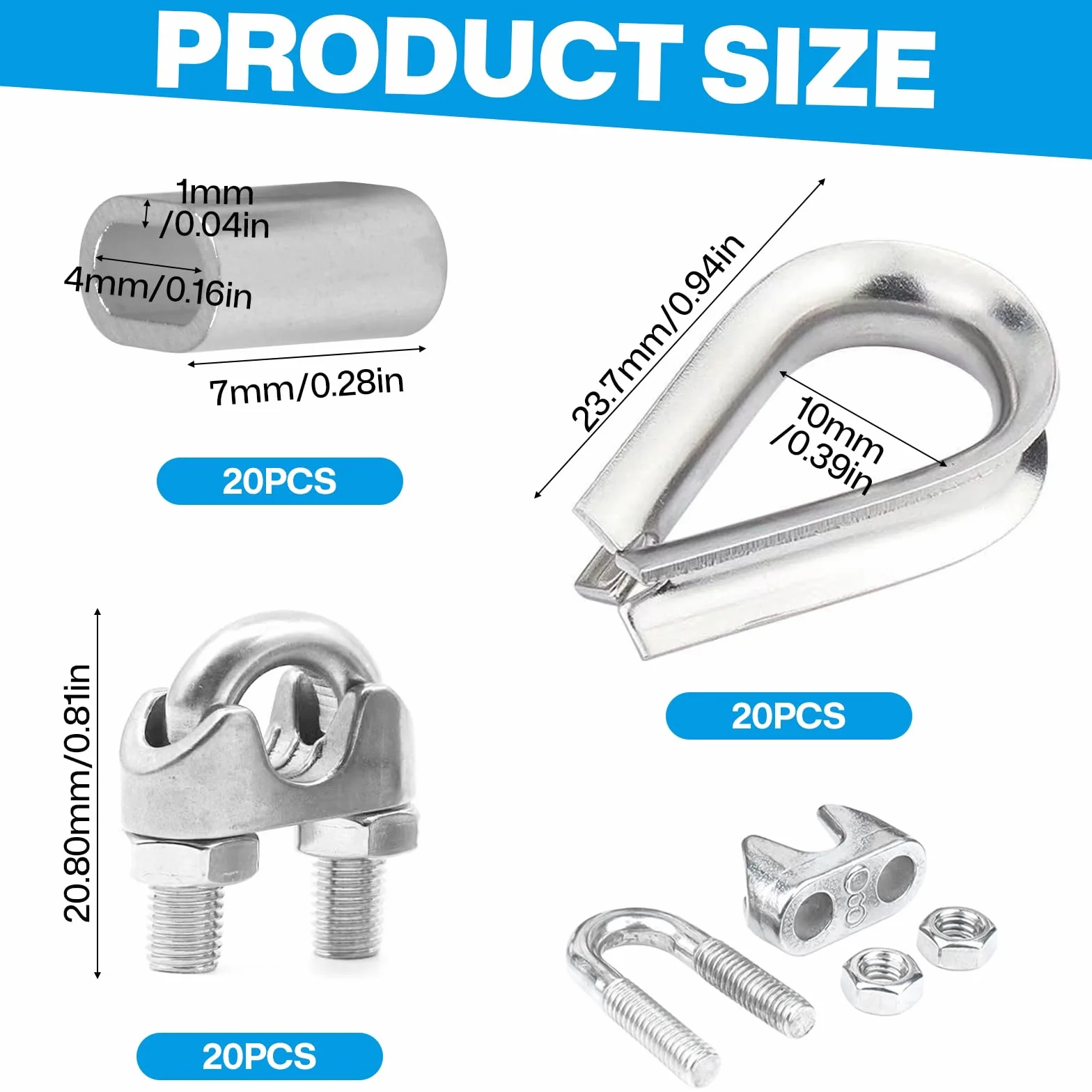 20 sztuk zacisków linowych M3, zaciski linowe 3 mm stal nierdzewna 304 z 20 tulejami aluminiowymi i 20 klamrami zacisków linowych do liny stalowej, do linki stalowej, napinacza do bielizny, markizy