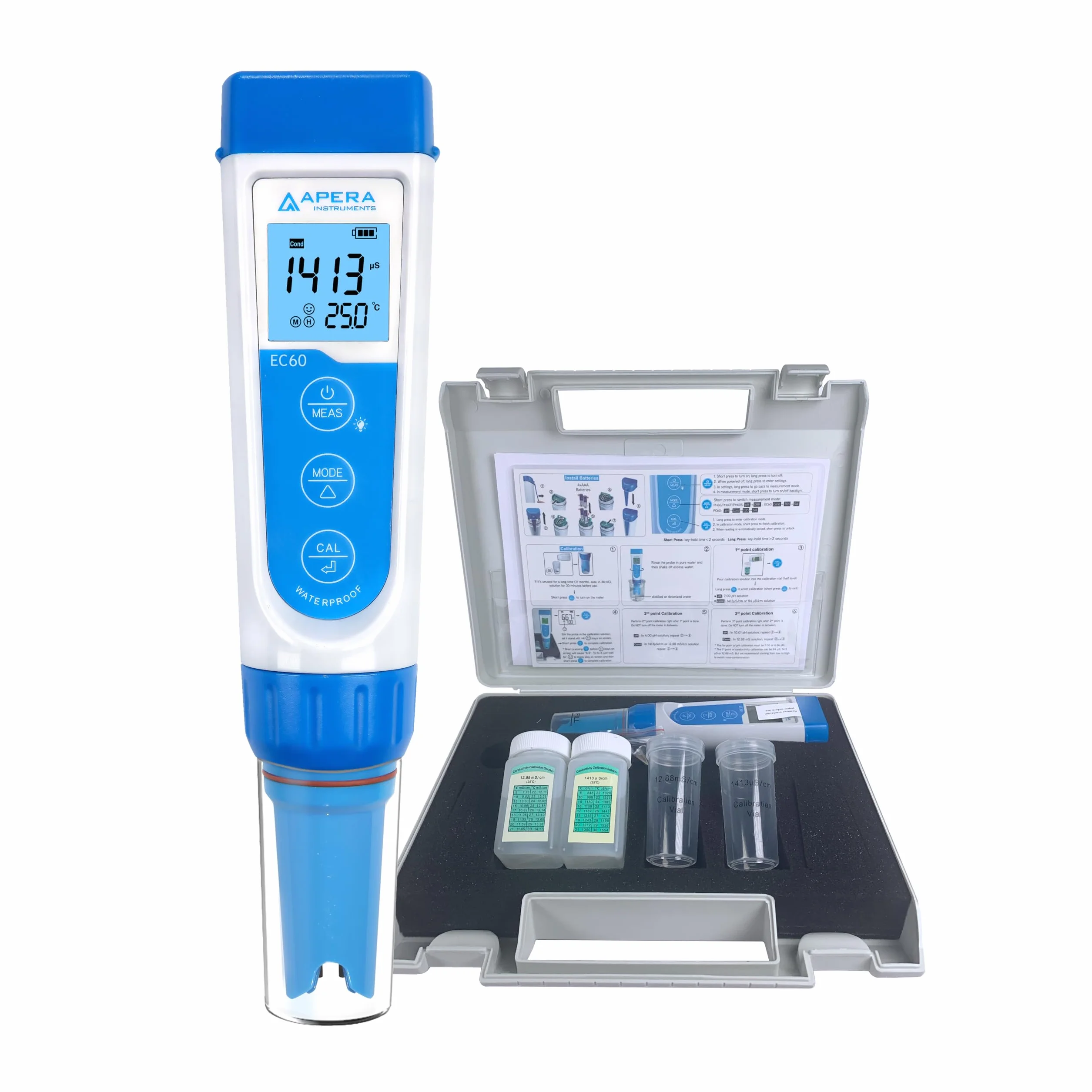 Apera Instruments EC60 wysokiej jakości tester kieszonkowy przewodności, ± 1% dokładności, łatwe przełączanie EC/TDS/salinity, wymienny czujnik BPB, ± 0,5 °C czujnik temperatury