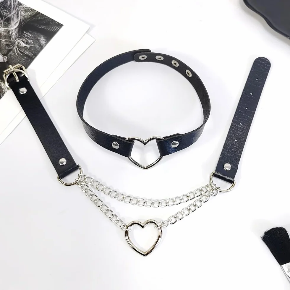 Damski naszyjnik w gotyckim stylu, punk, 2-częściowy, czarny, skóra PU i stop, 33-40 cm, łańcuszek metalowy i skórzany, haczyk S lub zatrzask, Fashion Jewelry