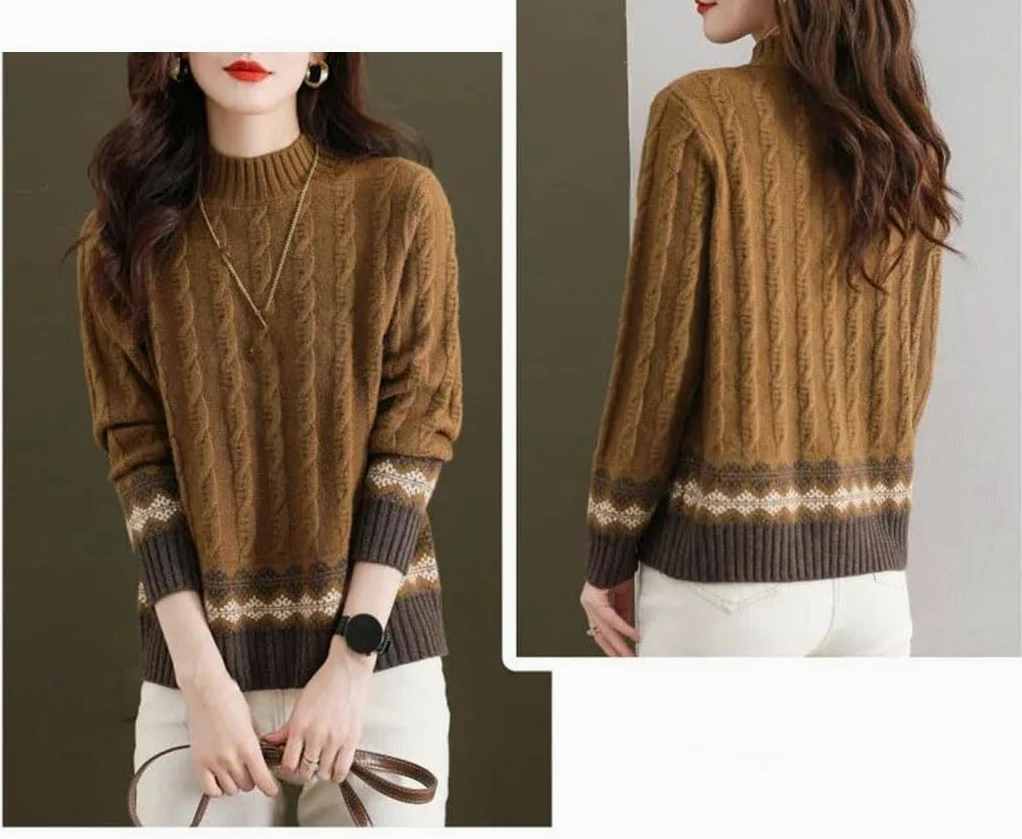 Sweter Damski Z Dzianiny, Pół-Wysoki Kołnierz, Wzór W Romby, Długi Rękaw, Swobodny, Ciepły, Luźny Top-Beige-Medium