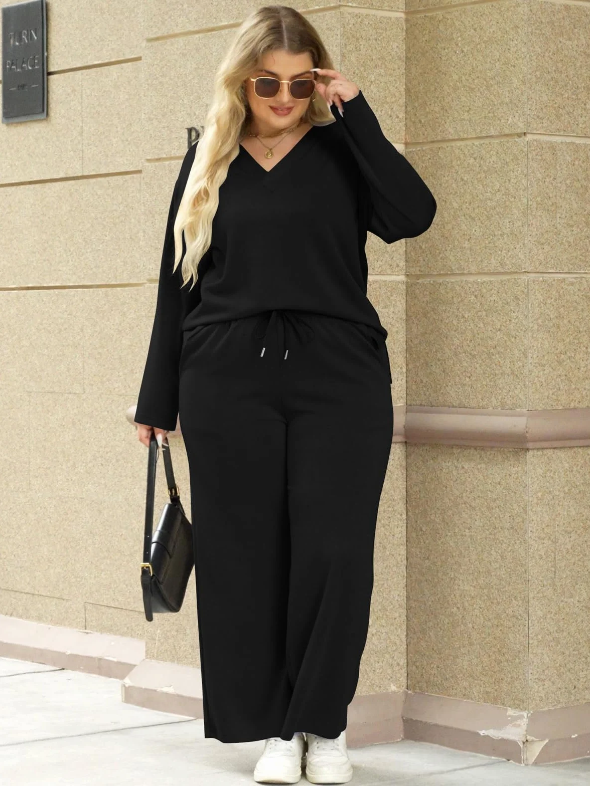 VUTRU Damski dwuczęściowy dres treningowy, elegancki, bawełniany, okrągły dekolt, dres do joggingu, z długim rękawem, t-shirty i szerokie spodnie z kieszeniami, strój sportowy dla kobiet