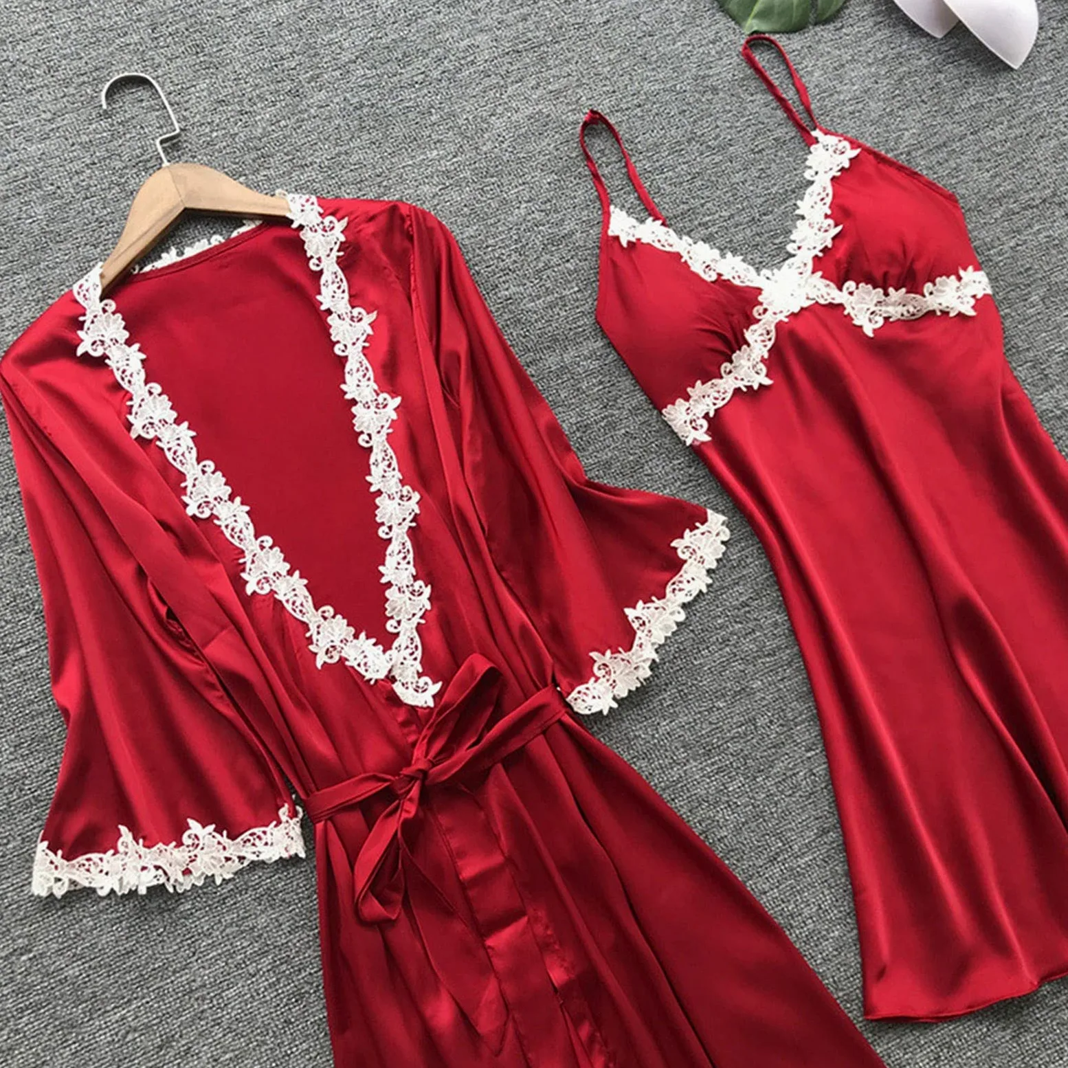 YZCIS Komplet bielizny damskiej Modny komplet piżam Camisole ze szlafrokiem Niegrzeczne stroje Piżamy? Szorty Bielizna Nocna Chemis Red