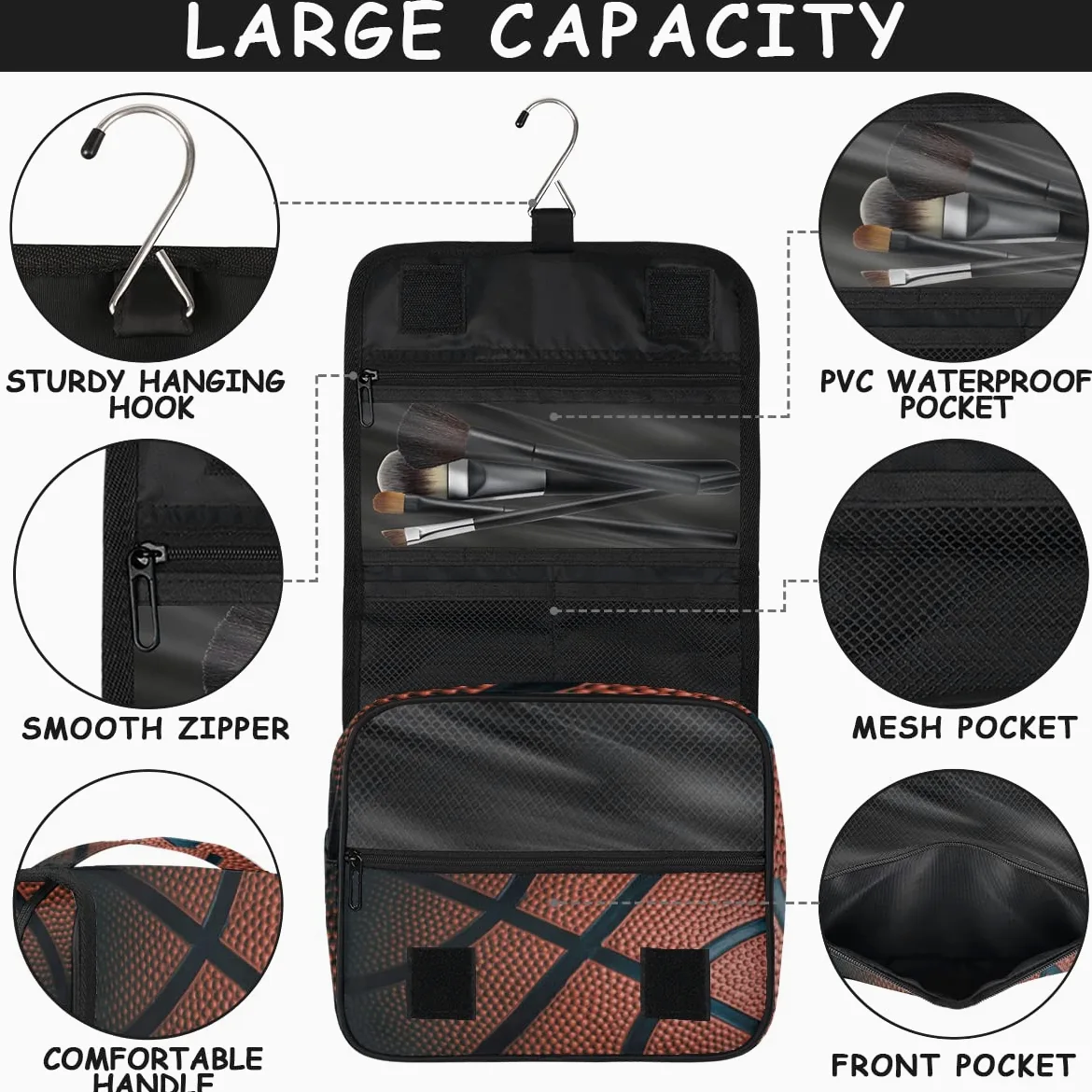 Koszykówka Podróżna Kosmetyczka Koszykówka Nadruk Mycie Torba Unisex Wiszące przybory toaletowe Kosmetyczka Organizer do makijażu, wielobarwny, Jeden rozmiar