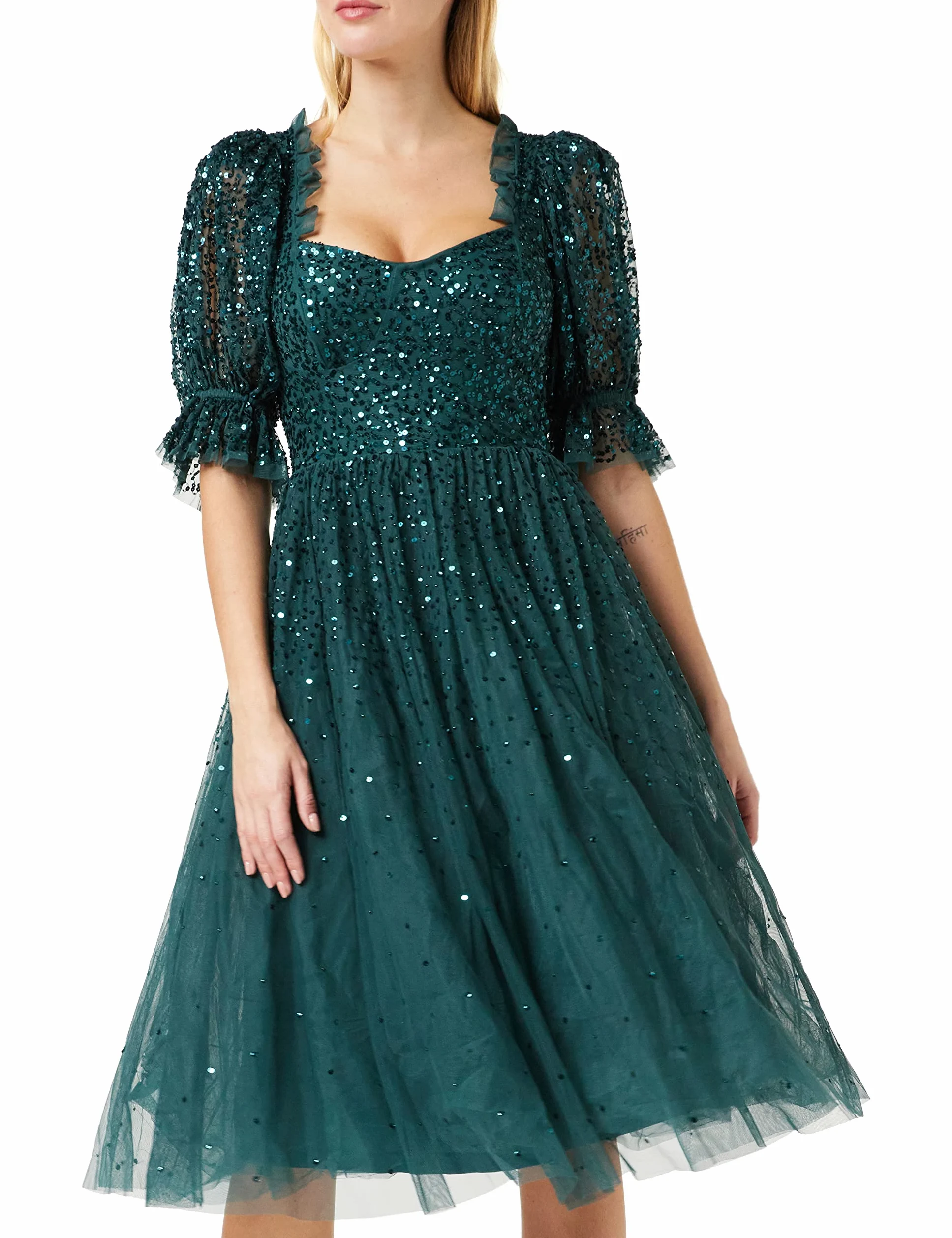 Maya Deluxe Damska sukienka damska midi sequin Embellished Frilly Sweetheart Neckline Puffed Sleeves For Wedding Guest Prom Evening Dress Women, Zielona, 46