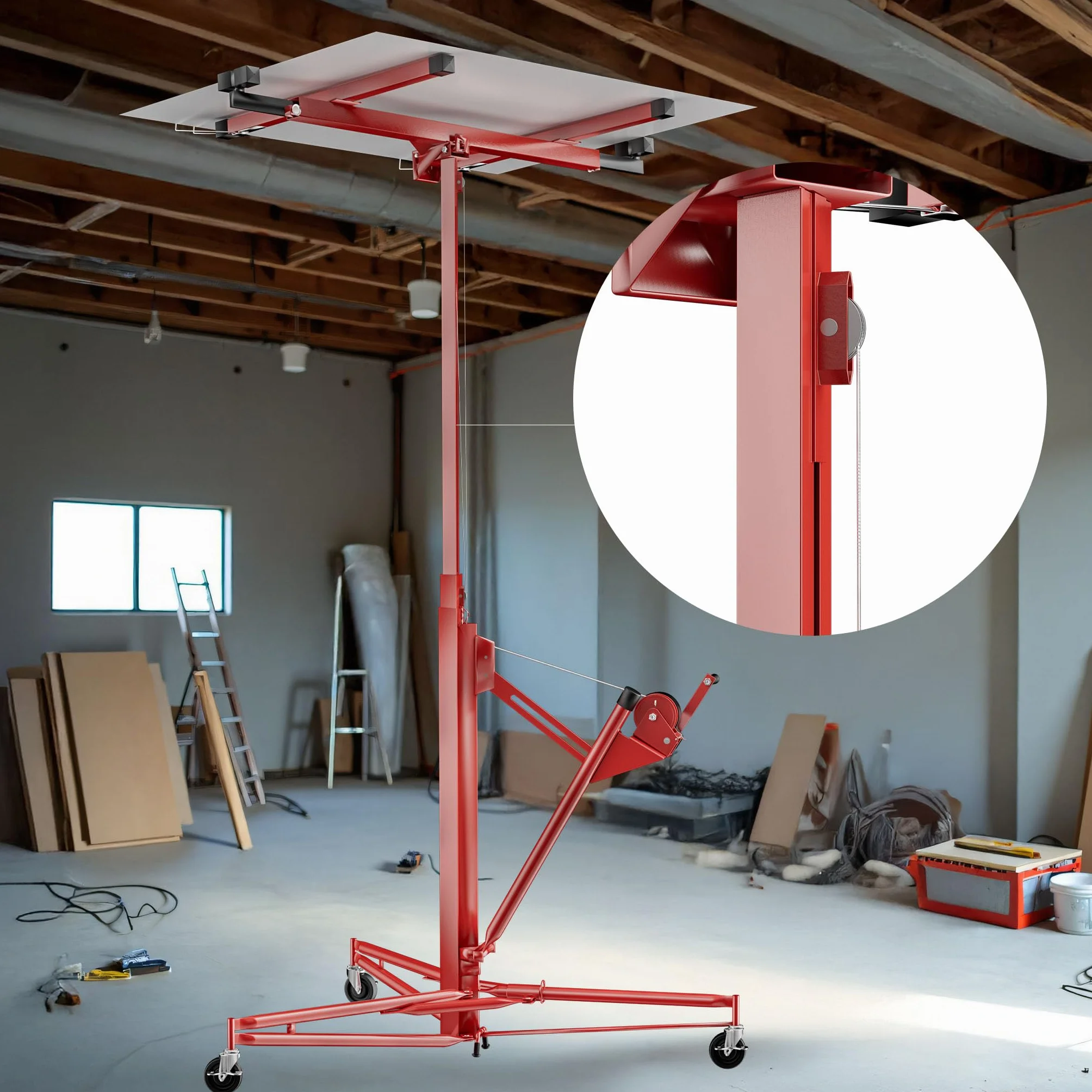 Przedłużenie Wiltec 140 cm do podnośnika do płyt XXL do maks. 68 kg, pomoc montażowa do płyt gipsowo-kartonowych, podnośnik do płyt gipsowo-kartonowych z 3 kółkami, czerwony