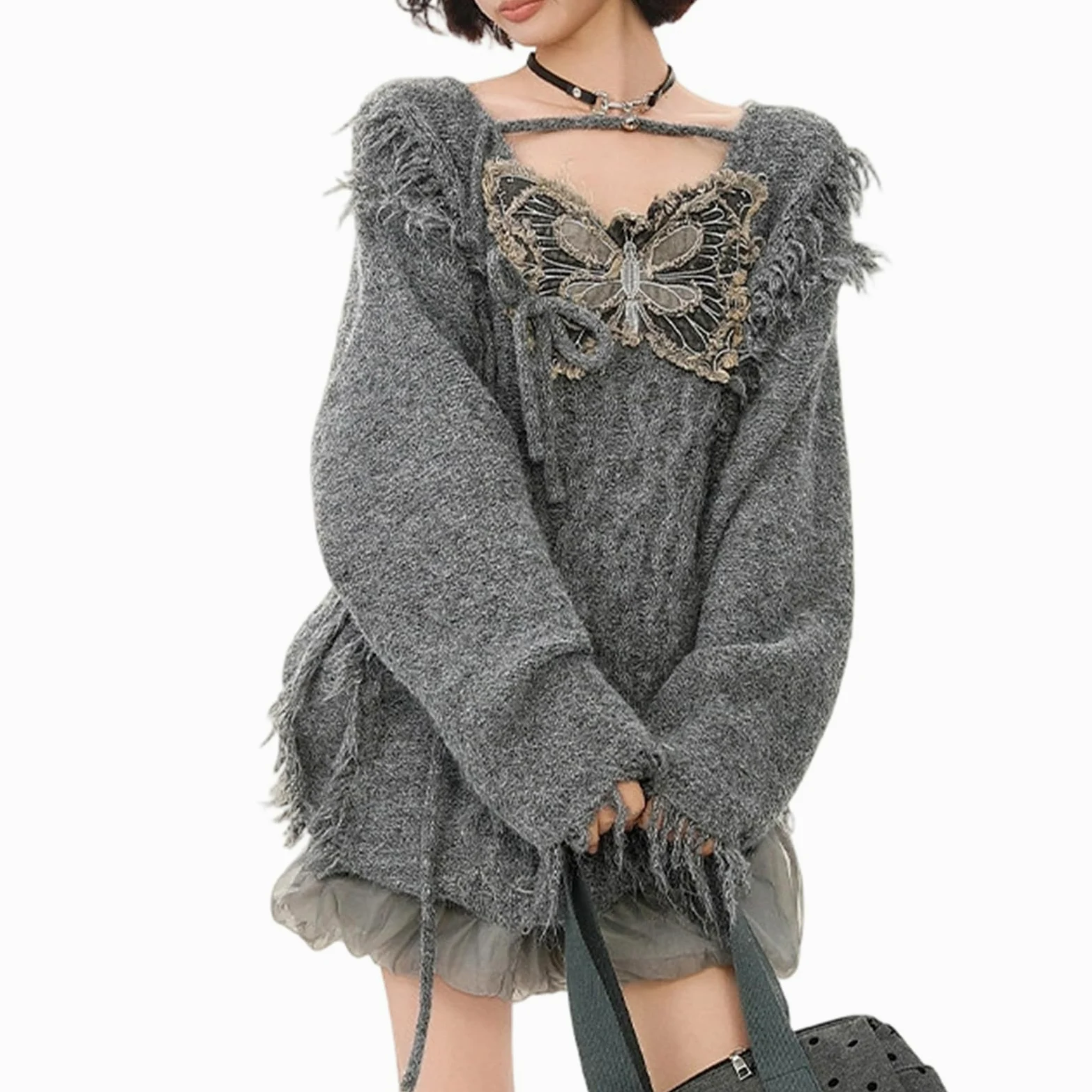 Damski sweter oversize z dzianiny z motywem motyla, postrzępione brzegi, frędzle, top Y2K w stylu punk