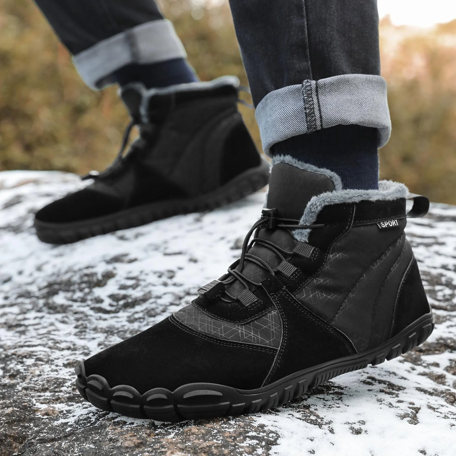 AONETIGER Zimowe buty na boso męskie i damskie śniegowce outdoorowe wodoodporne ciepłe futrzane podszewki buty do chodzenia lekkie antypoślizgowe buty turystyczne rozmiar 4-13 UK
