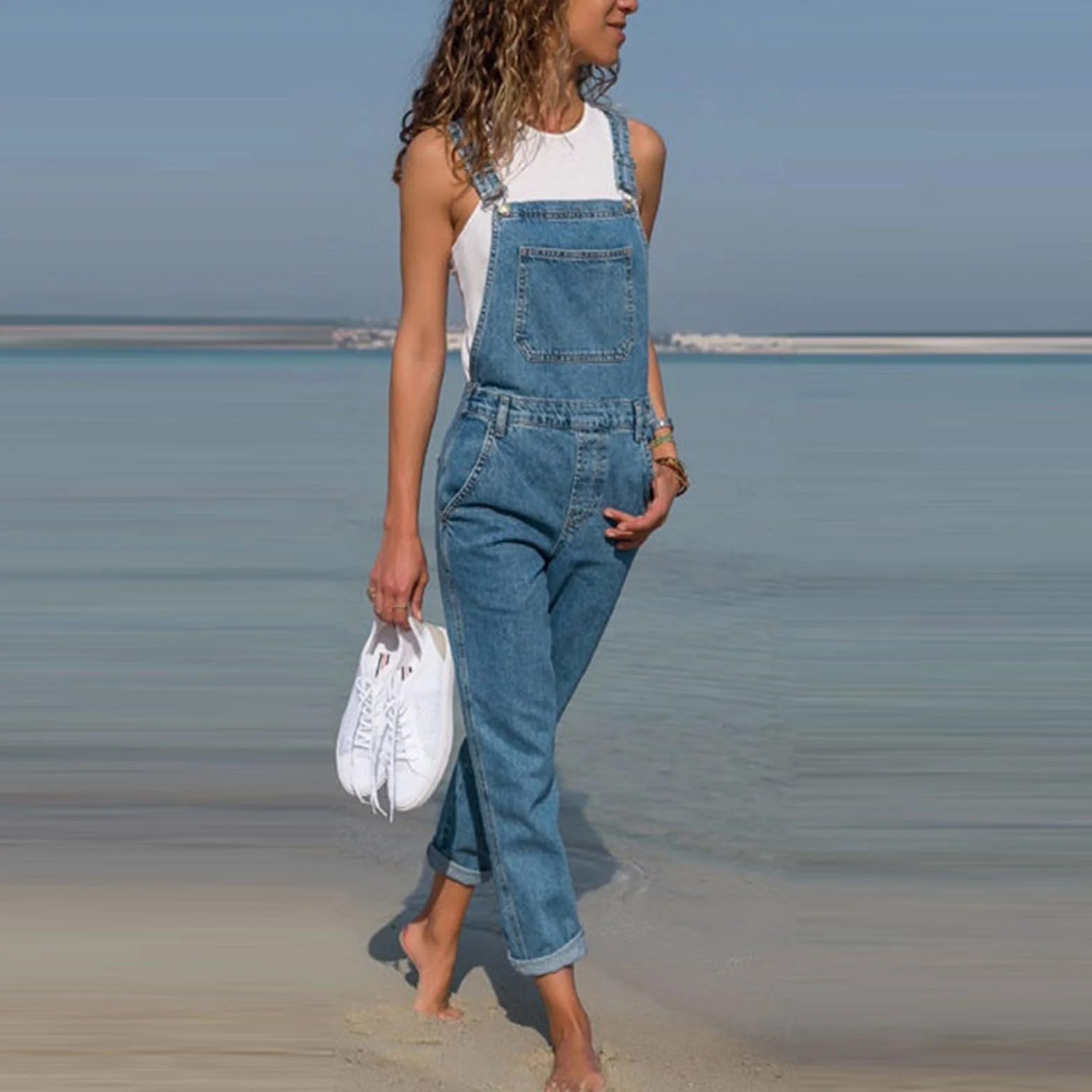 Generisch Dżinsy ogrodniczki dla kobiet, luźne, rozciągliwe, kombinezony, z kieszeniami, retro, denim, szerokie nogawki, spodnie na co dzień, proste i szerokie nogawki, dżinsy z regulowanymi