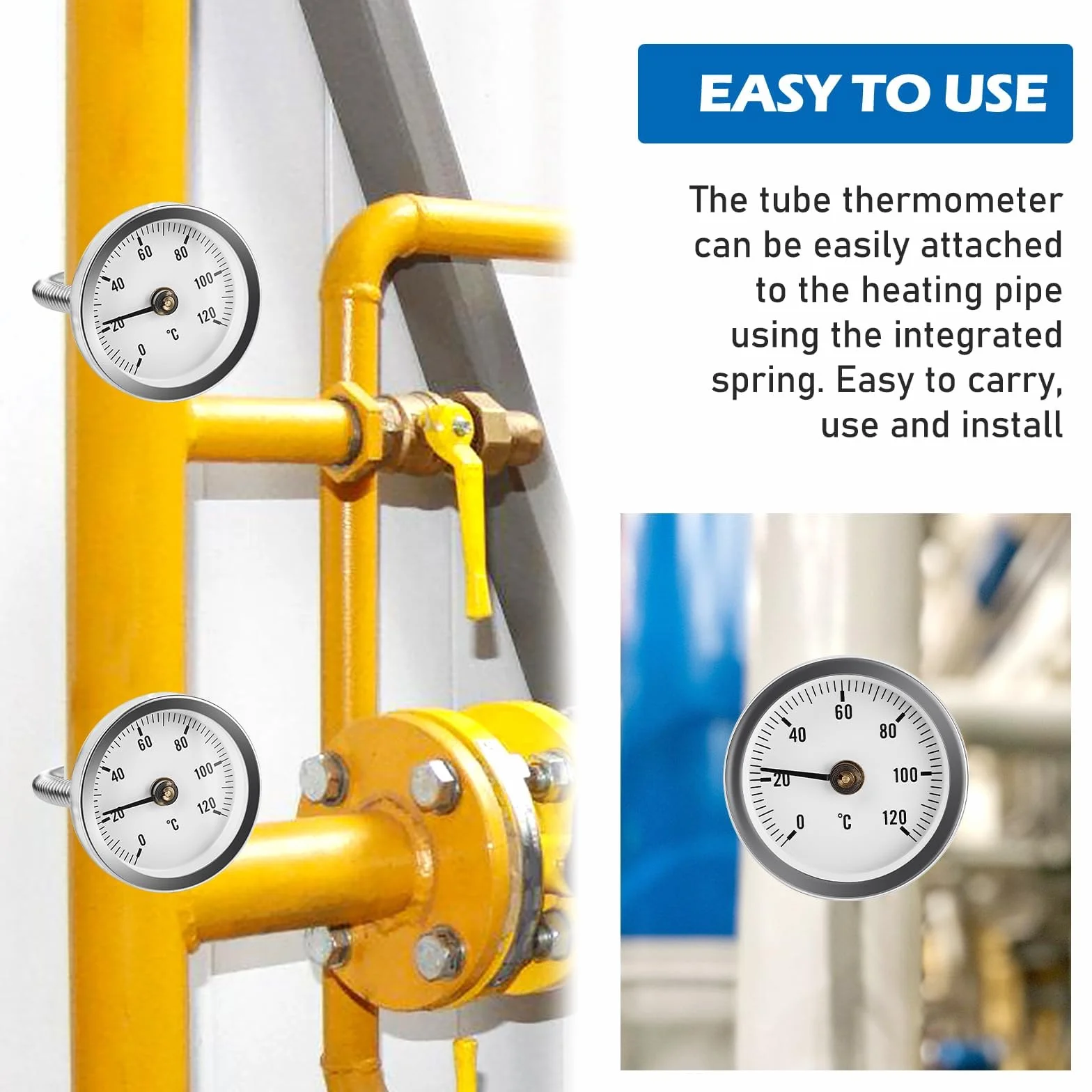 GOMETY Termometr do montażu rur grzewczych, termometrów grzewczych, termometrów przemysłowych, 0-120°C, 63 mm, do instalacji grzewczych i kotłów, wskaźnik temperatury