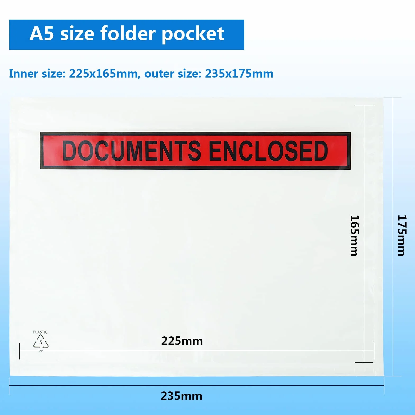Koszulki na dokumenty A5 z nadrukiem, 225 x 165 mm, odpinane i zamykane koperty z przezroczystego tworzywa sztucznego, koperty, torby, portfele do mocowania rachunków, listy pakowania (100 sztuk)