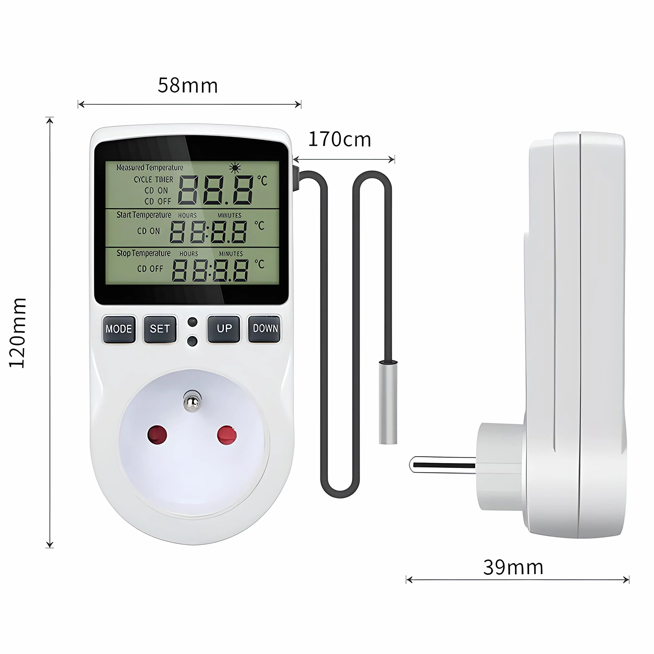 Retoo Termostat do gniazdka z czujnikiem temperatury, cyfrowy regulator temperatury 250 V z czujnikiem, gniazdko elektryczne, ogrzewanie, chłodzenie, przełącznik temperatury z sondą, ekran LCD do