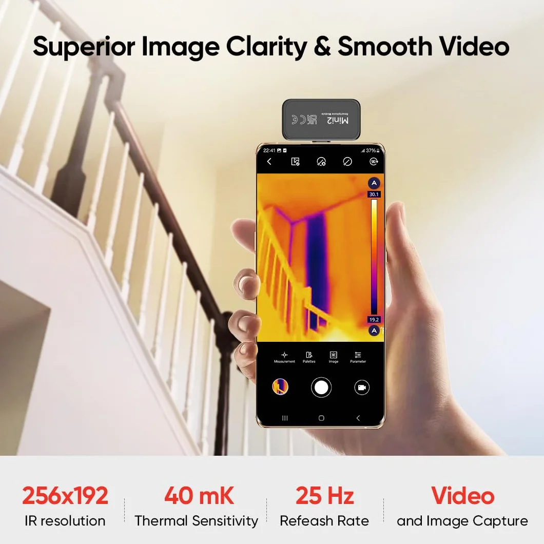 Kamera termowizyjna HIKMICRO Mini2 z systemem Android, rozdzielczość 256 x 192 podczerwieni, częstotliwość odświeżania 25 Hz, szeroki kąt 50°, 49 152 pikseli, -20°C do 350°C, USB-C (nie dla iPhone'a)
