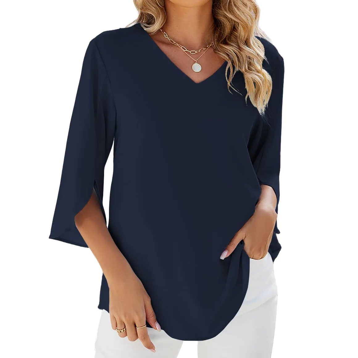 YUTILA Bluzka damska, elegancka, tunika, szyfon, bluzki damskie, top, jednokolorowa, na wiosnę, rękaw 3/4, top, bluzka