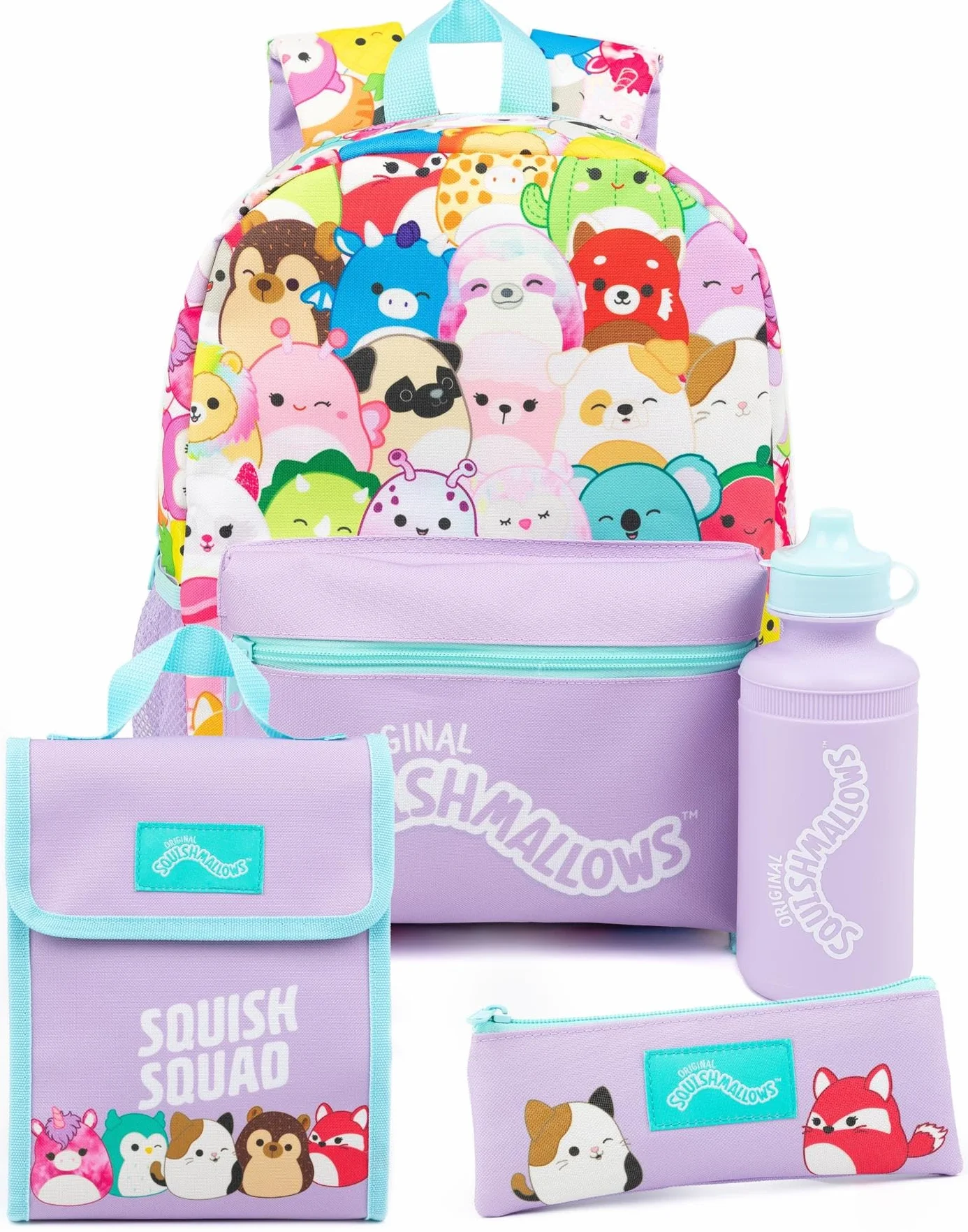 Squishmallows Girls Backpack Zestaw 4 elementowy plecak torba lunch butelka woda piórnik Fioletowy