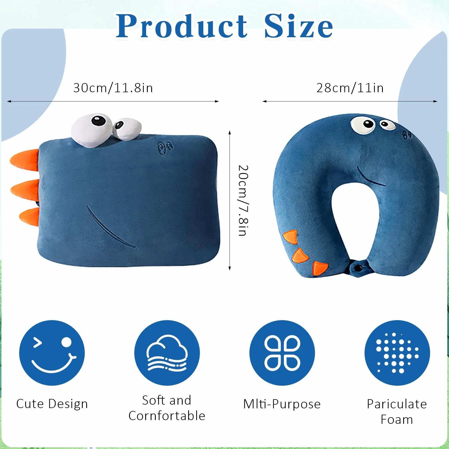 Poduszka pod kark dla dzieci – 2 w 1, poduszka pod kark, odkształcalna, pluszowa zabawka dla dorosłych, poduszka podróżna dla dzieci, do samolotu, samochodu i podróży, niebieska