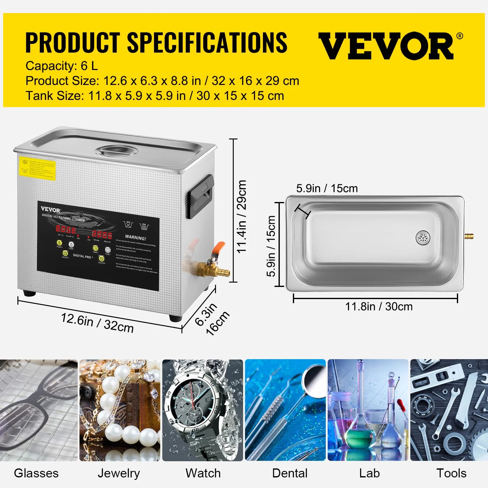 VEVOR Ulepszona myjka ultradźwiękowa 6 l (ogrzewanie 200 W, ultradźwięki 180 W), profesjonalne, cyfrowe laboratoryjne, ultradźwiękowe urządzenie do czyszczenia części z timerem ogrzewania, do