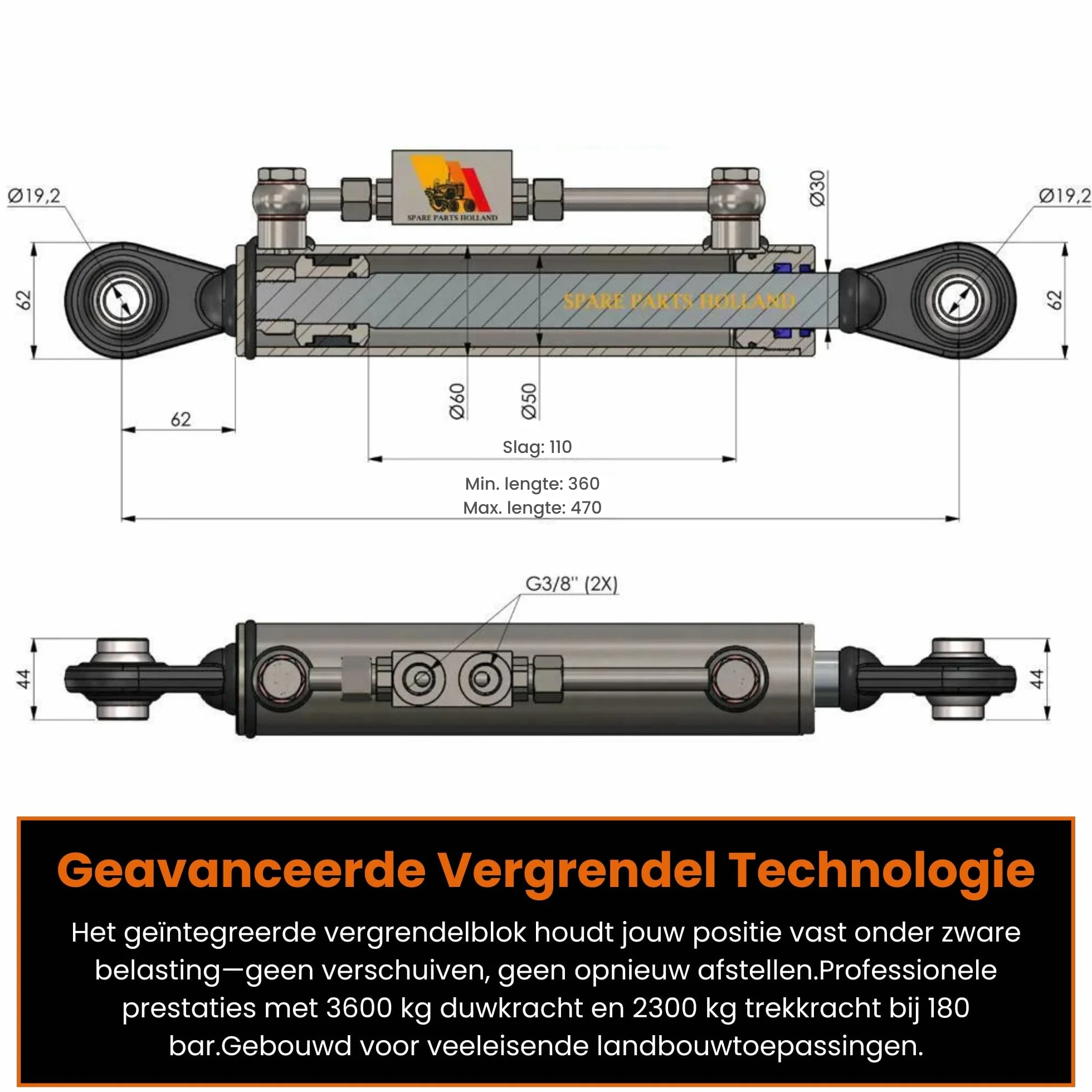 Łącznik górny hydrauliczny kat. 1-1 360-470 mm z 2 x wężami