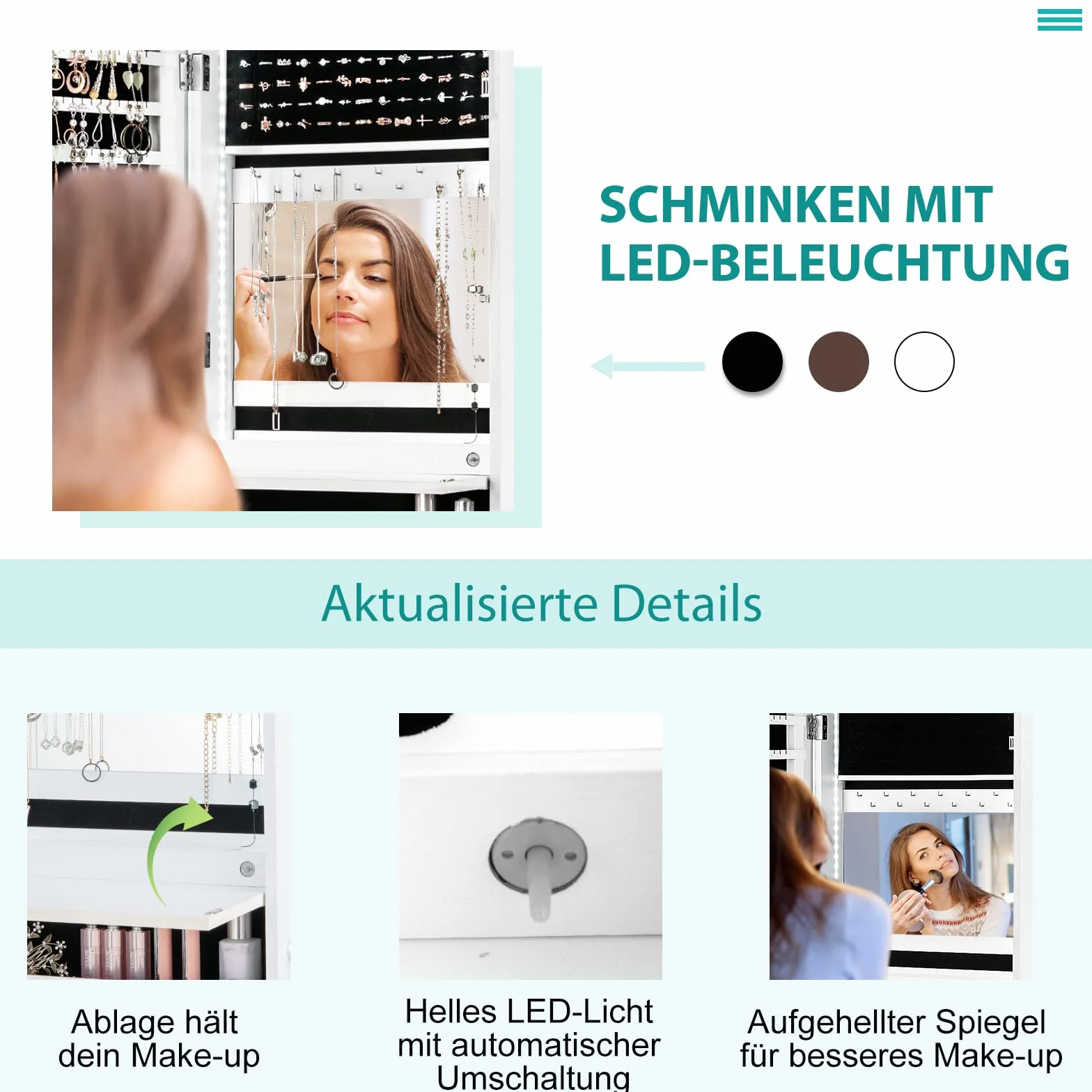 COSTWAY szafka na biżuterię z oświetleniem LED, półka na biżuterię z lustrem na całe ciało, szafka z lusterkiem z 4 szufladami, 4 półki na biżuterię i kosmetyki, szafka do montażu na drzwiach i