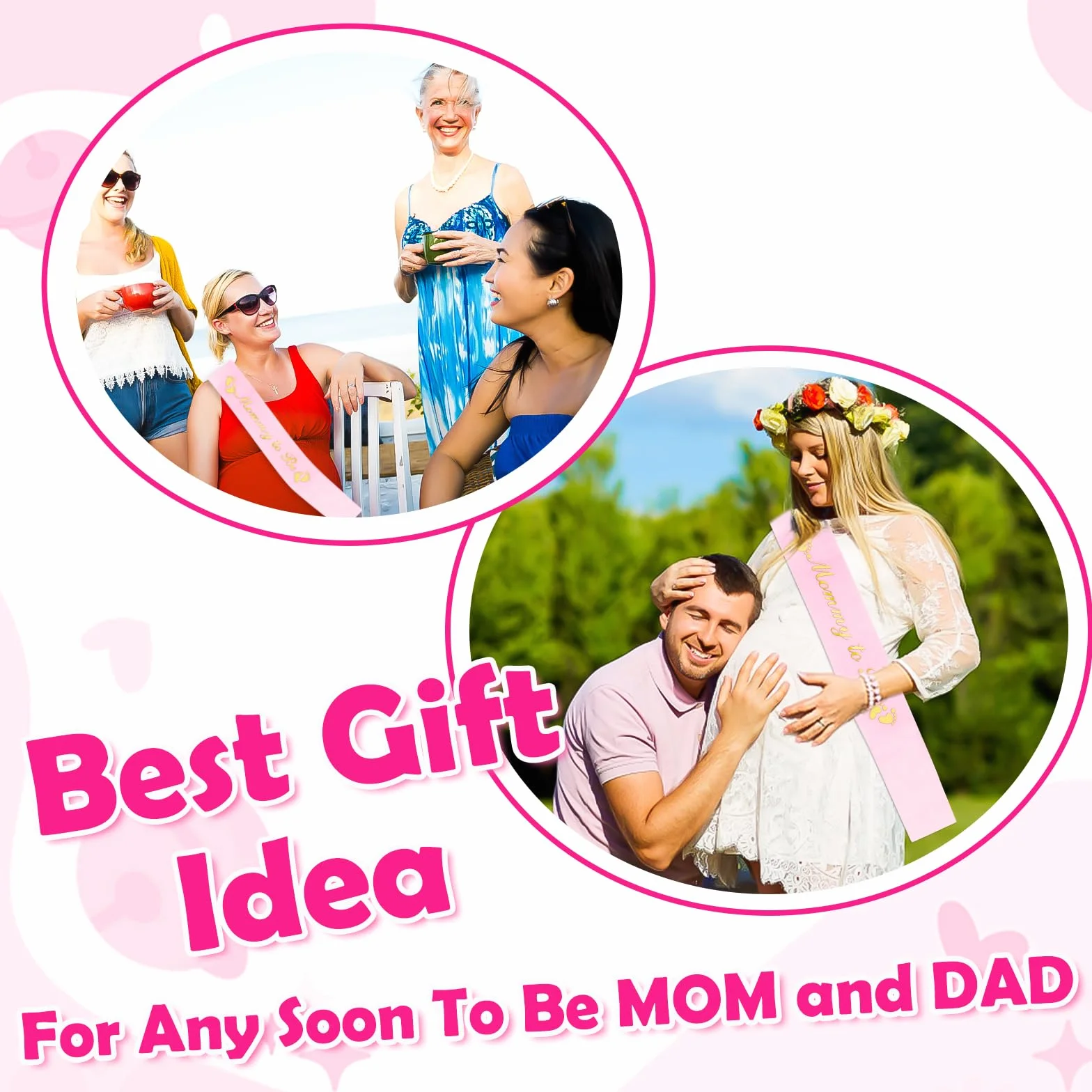 Szarfa 'Mom to Be' ze złotymi brokatowymi literami i odznaką 'Expecting Dad' w zestawie ze wstążką, dekoracje na baby shower dla dziewczyny, prezent na imprezę ujawniającą płeć (różowy)