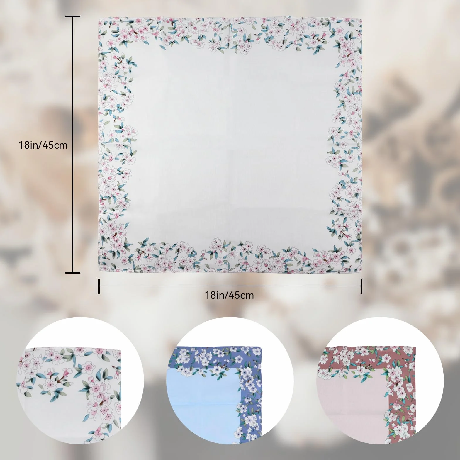 Chusteczka damska bawełna pranie w pralce - 45 x 45 cm chusteczki dla kobiet miękka bawełna, 100% 60S bawełniane chusteczki damskie, damskie chusteczki bawełniane, kwiatowy nadruk rękawiczki dla kobiet 6 szt, wielobarwny, L