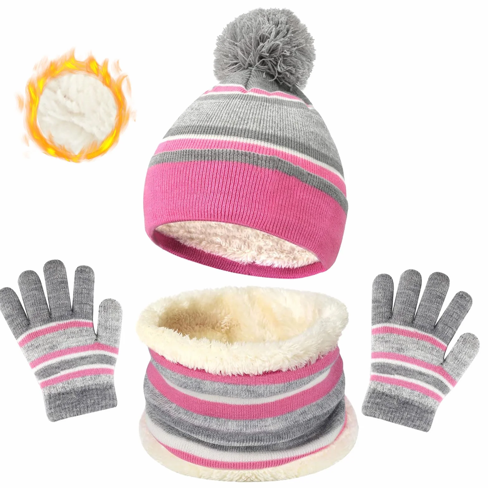 Dziecięca czapka zimowa w paski, dzianinowa czapka beanie, komin, szalik, rękawiczki, zestaw z grubą podszewką z polaru, bawełna, dzianina termiczna, pompon, czapka ocieplacz na szyję, dla