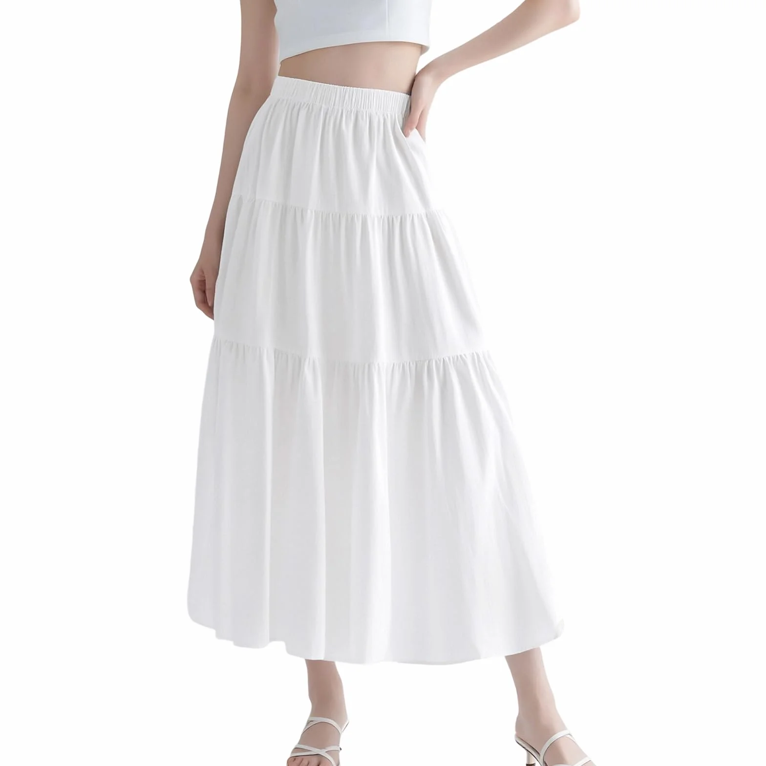 GWAWG Eleganckie spódnice maxi dla kobiet UK, elastyczne damskie długie spódnice z wysokim stanem elegancka spódnica plażowa o linii A, letnia wielowarstwowa spódnica maxi w stylu vintage