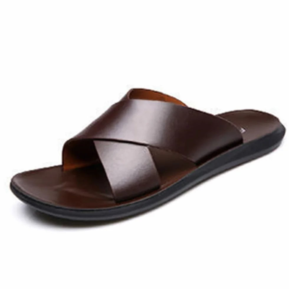 MGGMOKAY Męskie skórzane sandały, cross slide sandały, letnie oddychające buty plażowe