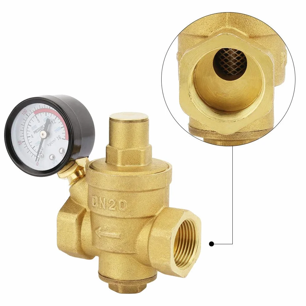 Regulator Ciśnienia Wody, Typ Tłokowy DN20 Regulowany Mosiężny Regulator Ciśnienia Wody z Miernikiem Manometrycznym do Domu Zawór Redukcyjny Ciśnienia Wody w Budynkach Mieszkalnych
