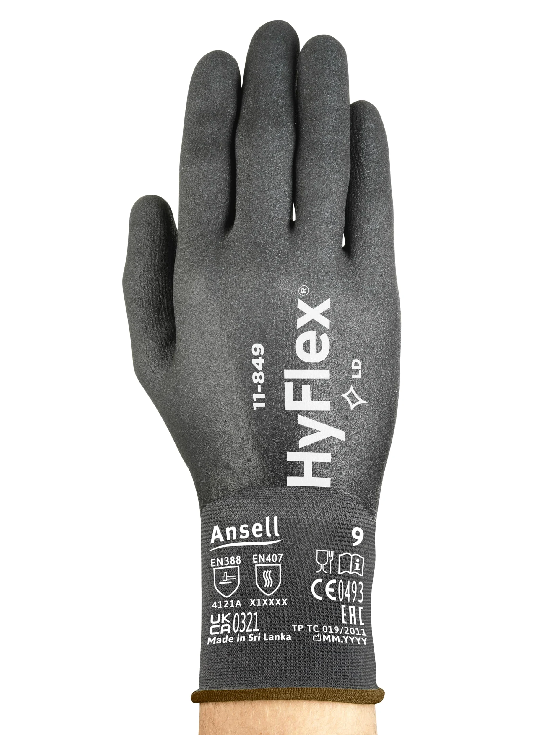 Ansell Hyflex 11-849 Odporne na ścieranie zawodowe rękawiczki robocze, ochrona wielokrotnego użytku, mechanika, obsługa, montaż, mycie rękawicy bezpieczeństwa, czarne, rozmiar XL (12 par)