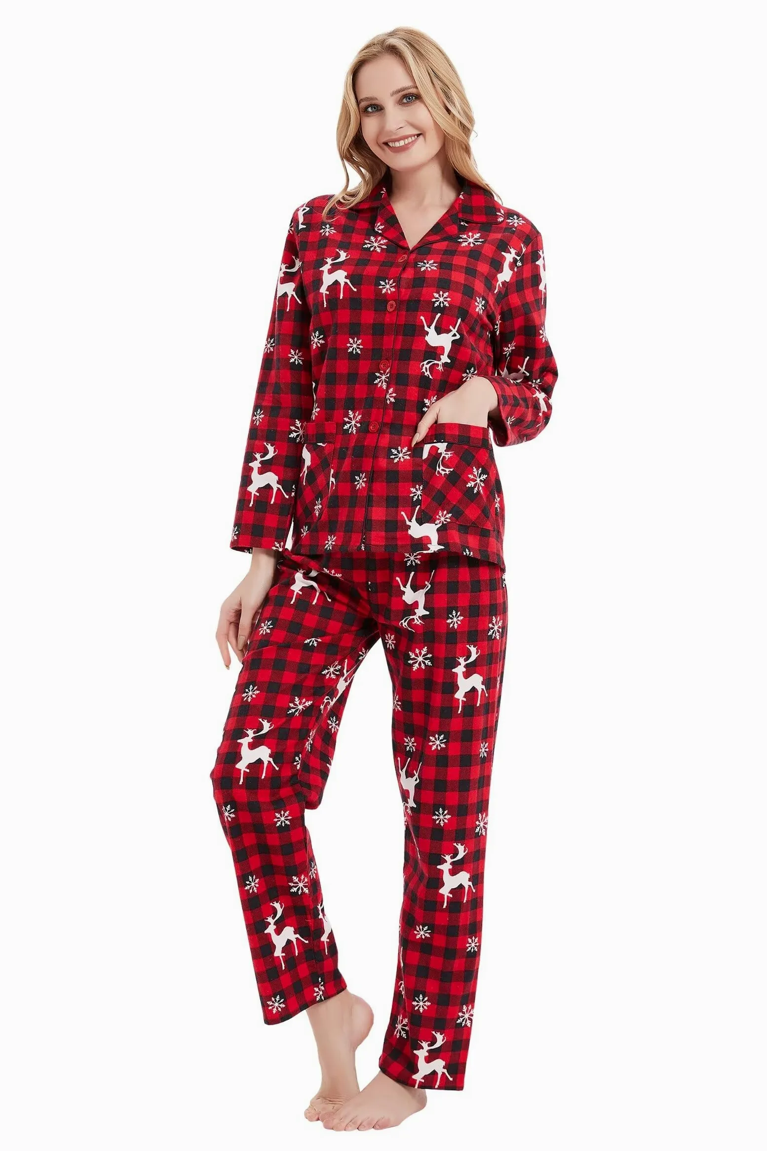 GLOBAL Schlafanzüge Damen Flanell | Baumwolle Damen Pajama Set | Zweiteiliger Nachtwäsche Damen Pjs Set Lang | Knopfleiste vorne und Kordelzug