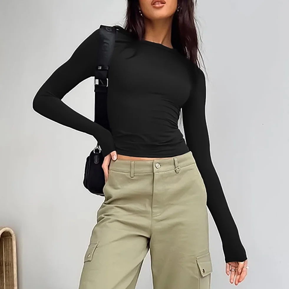 flintronic Koszulka z długim rękawem Slim Fit damska z długim rękawem Crop Top Y2K Slim, jednokolorowa koszulka basic crop tops, krój na co dzień, okrągły dekolt
