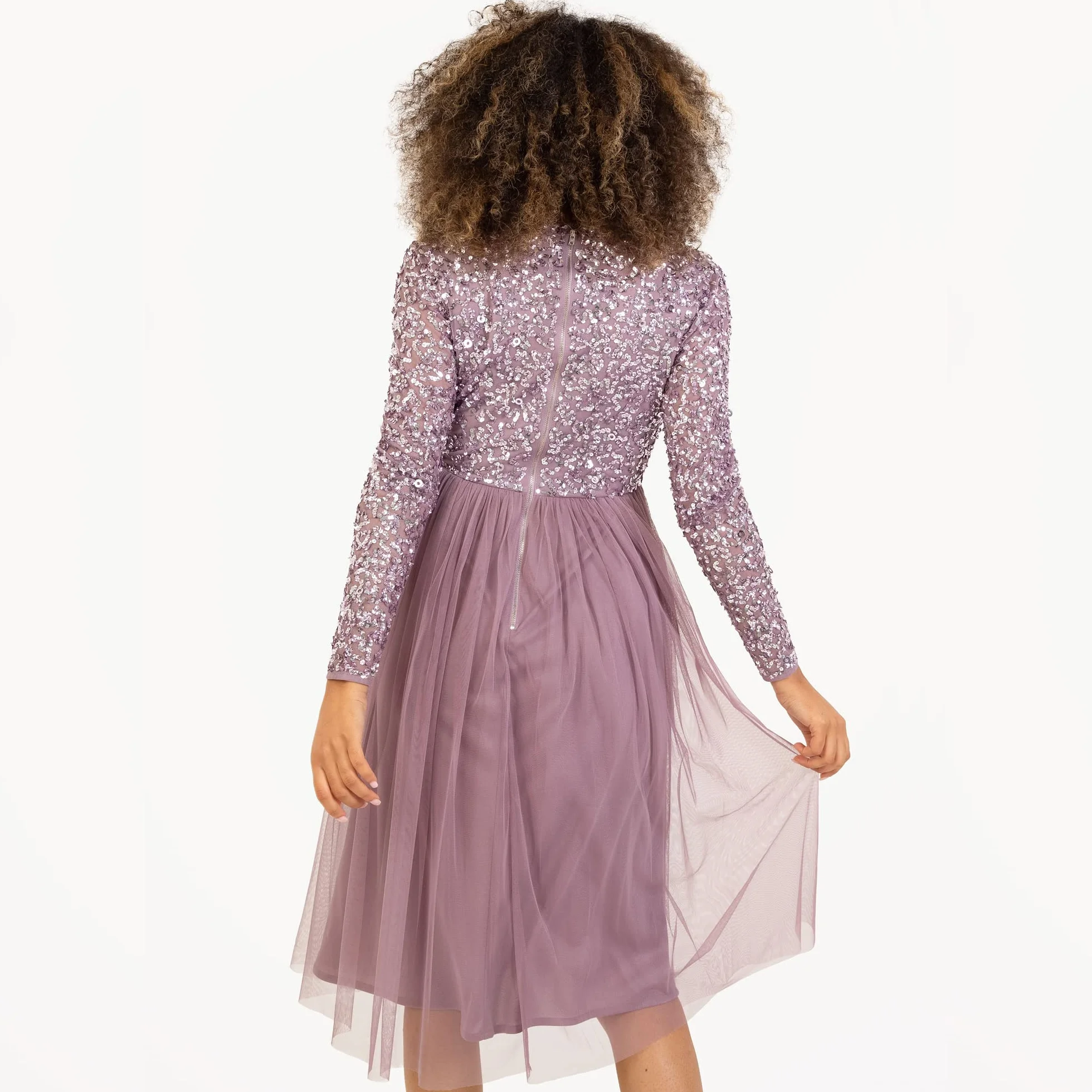 Maya Deluxe Sukienka druhny Kobiety Midi Dress Long Sleeve Plunging Neckline V Neck Sequin Embellished Graduation