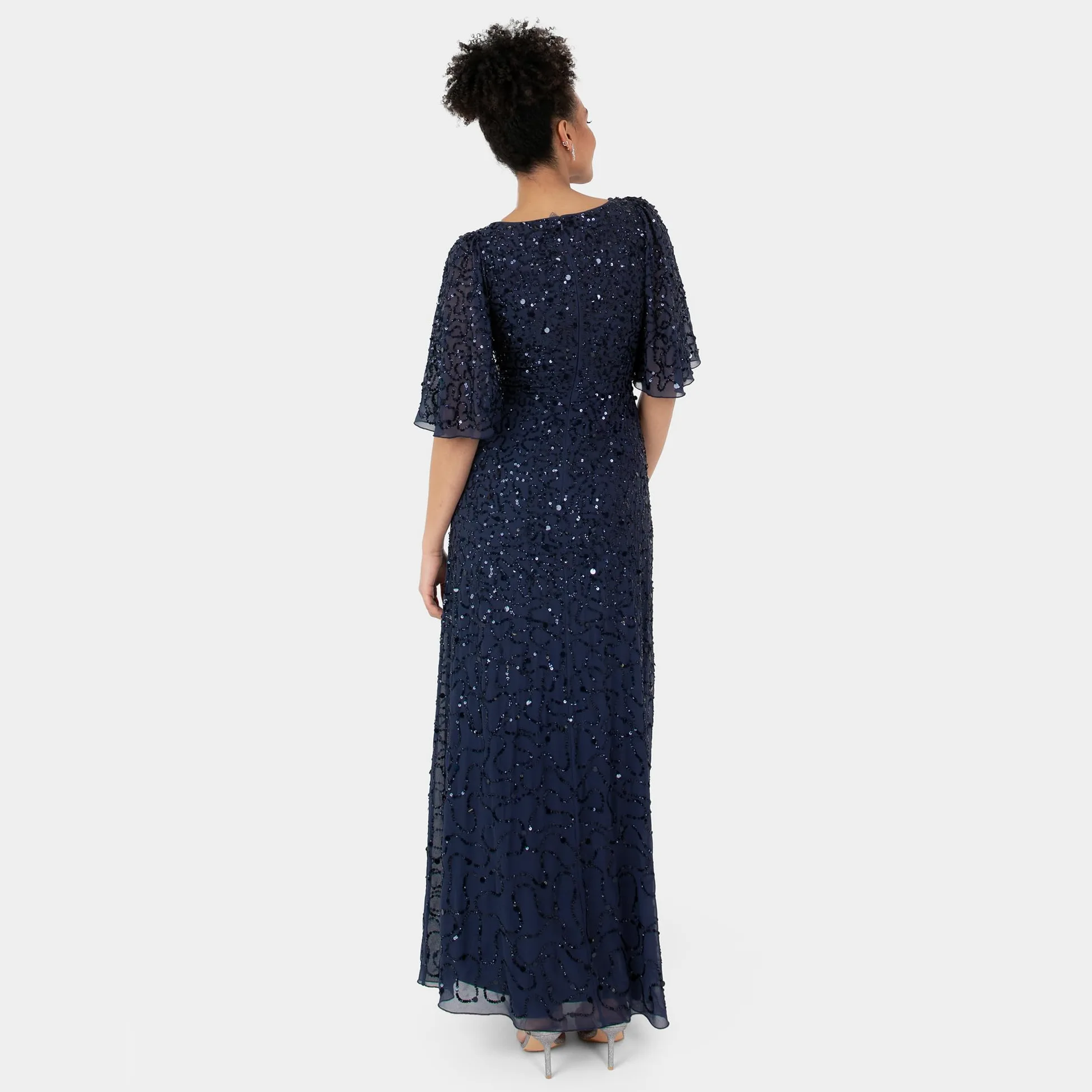 Maya Deluxe Damska sukienka maxi, dekolt w serek, krótka sukienka aniołowa, wybijana linia A Bridesmaid Wedding Guest Prom Ball Gown, granatowa, 44, granatowy, 44