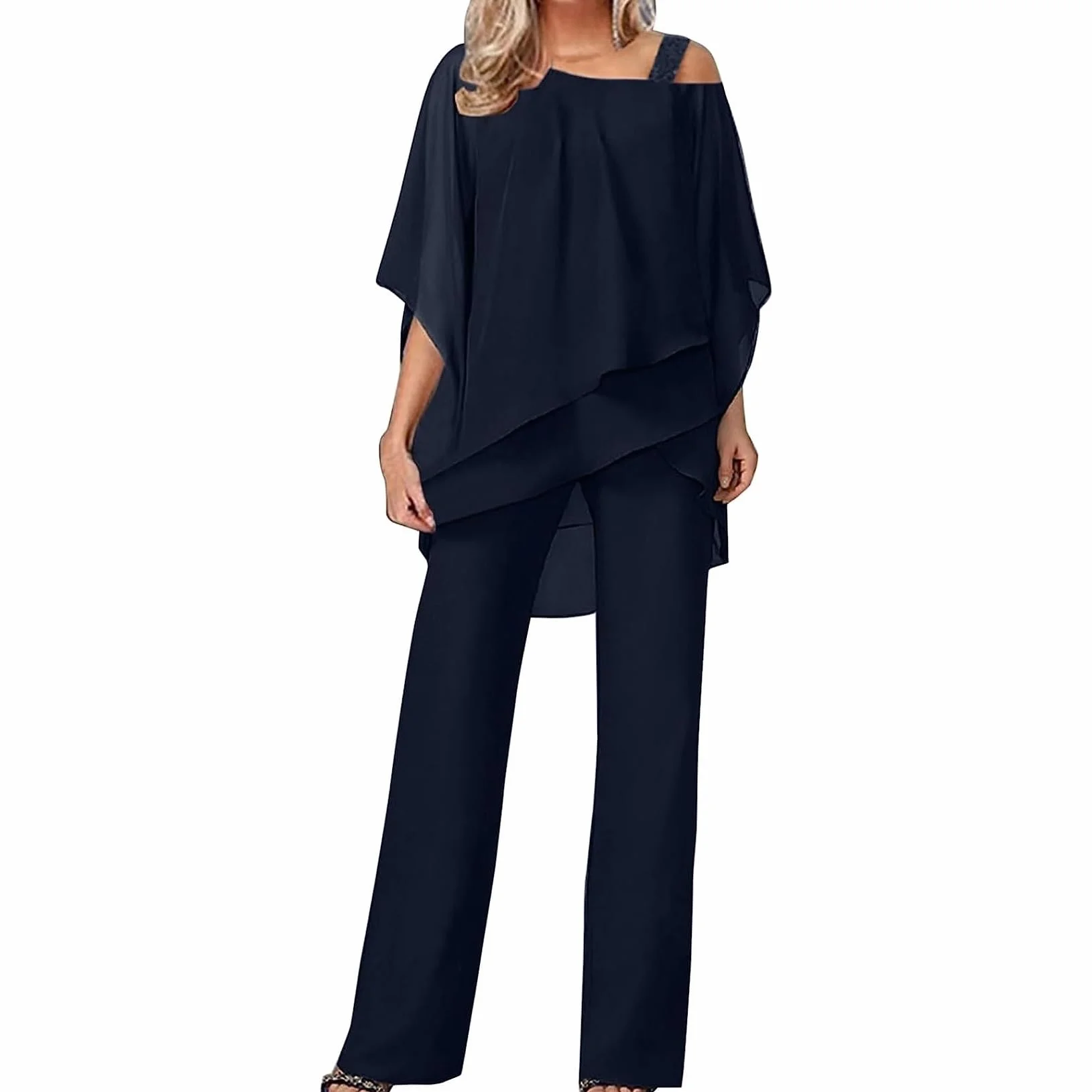Damskie Szyfonowe Spodnie Komplet Garniturów 2 Częściowy Zestaw Szyfonowa Koszula I Wysokie Spodnie Garnitur Koktajlowa Vintage Długie Spodnie Strój Wieczorowy (Color : Dark blue, Size : XL)