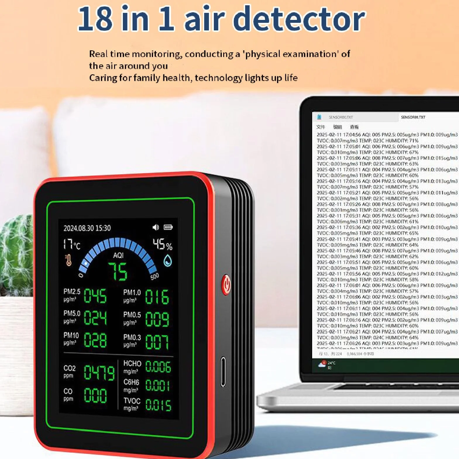 Miernik Jakości Powietrza 18 w 1 CO2 TVOC HCHO PM2.5 PM10 Temp Humid Detect Tester Wewnętrzny Zasilany Bateryjnie Przechowywanie Danych Czarny