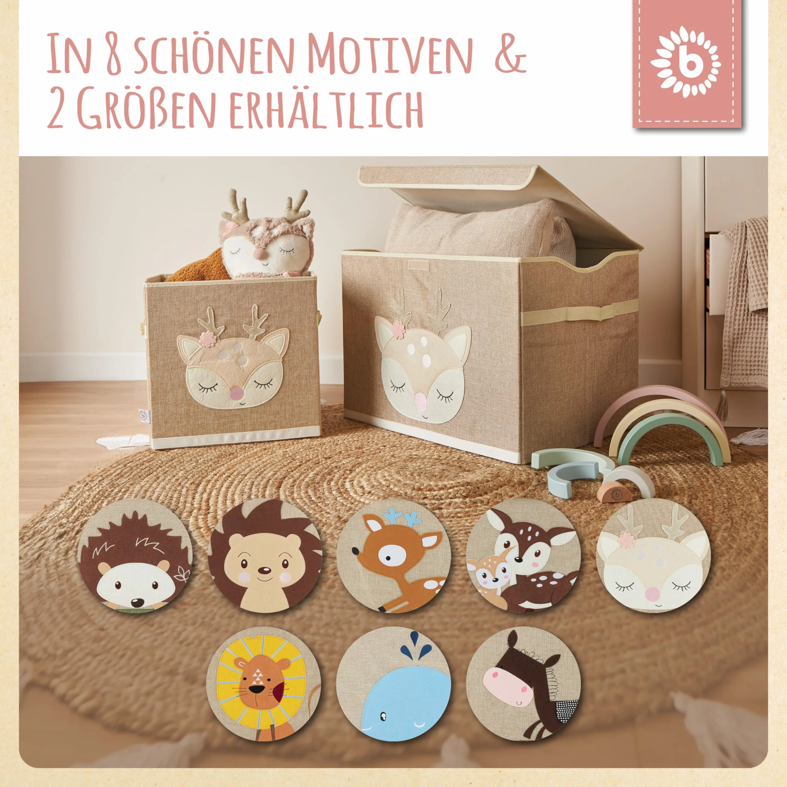 Bieco Składane pudełko z pokrywką | 65 litrów | ok. 36 x 36 x 51 cm | skrzynka na zabawki | dzieci | skrzynki | duże | organizer na stół do przewijania | jeleń Ella
