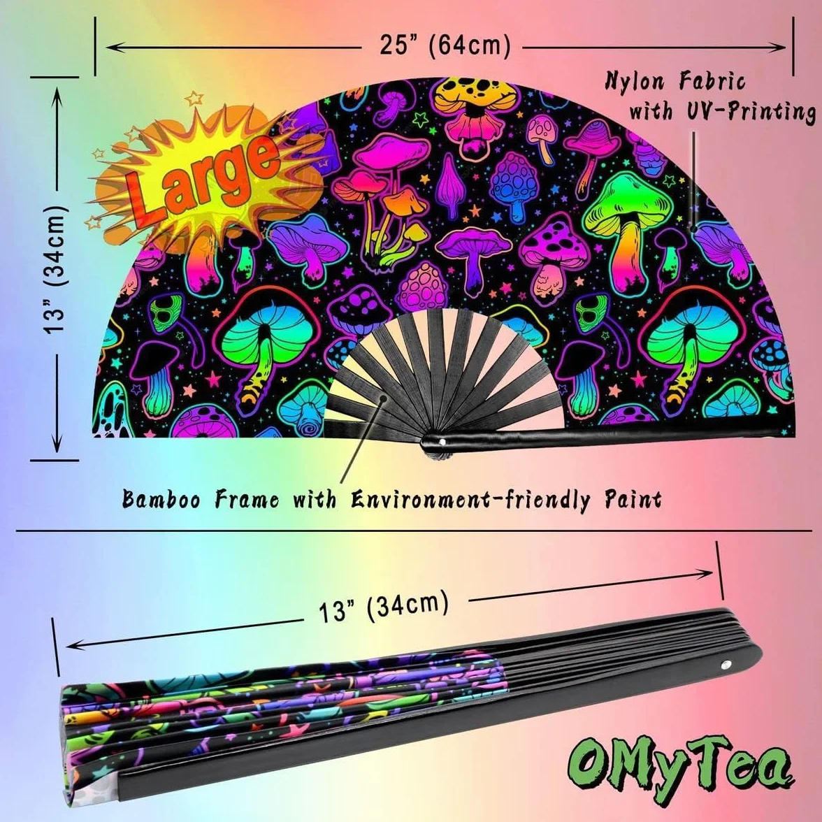 UV Glow Rave składany wachlarz ręczny do rave, duży wachlarz do tańca, drag queene, na imprezę, festiwal muzyczny, festiwal, występ, karnawał, prezent ślubny