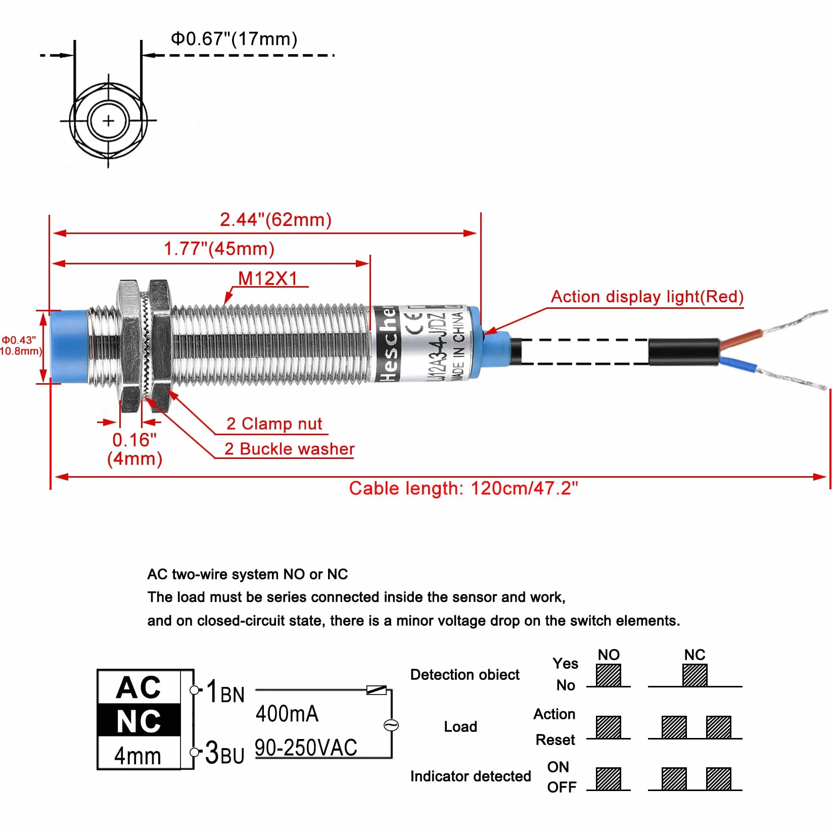 Heschen M12 - Nieekranowany indukcyjny czujnik zbliżeniowy typu LJ12A3-4-J/DZ detektor 4 mm 90-250 VAC 400 mA normalnie zamknięty (NC) 2 przewody