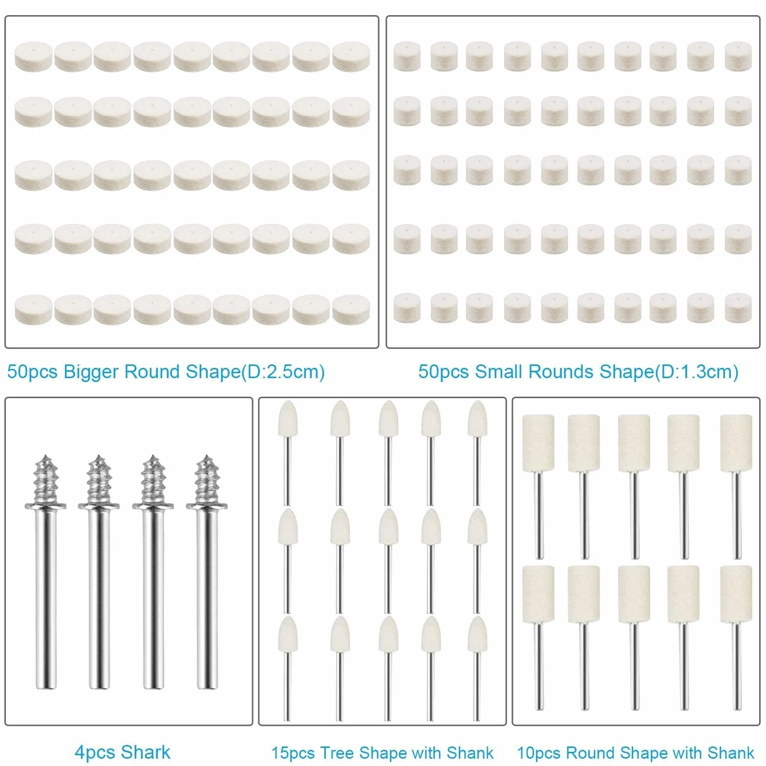 Filcowe podkładki polerskie, polerskie, polerskie, tarcza polerska, zestaw narzędzi obrotowych z trzpieniami kształtnymi, rekinem i kółkami zastępczymi (130 mm, 250 mm) do wiercenia, plastikowe, szkło, metal, biżuteria, 129 szt