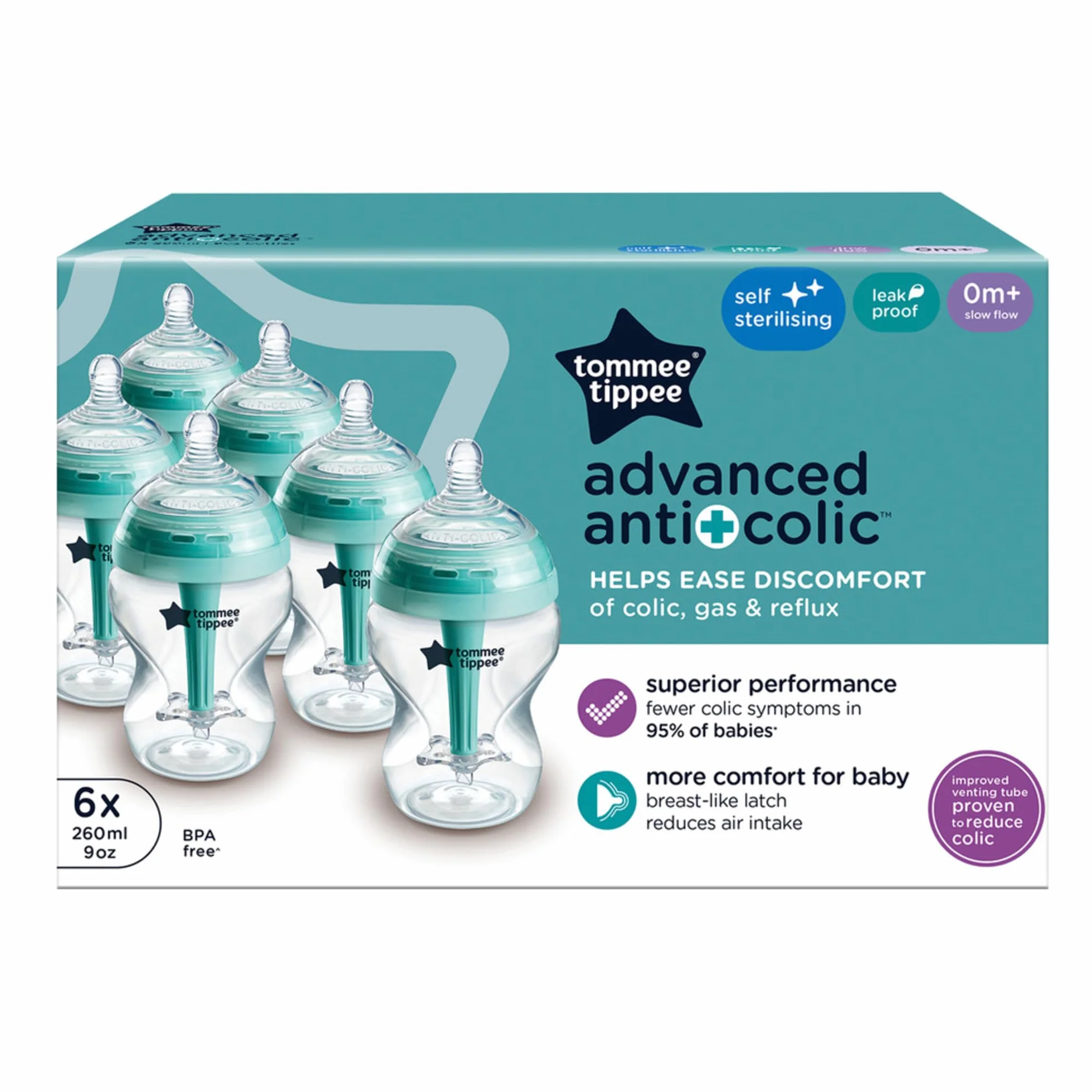 Tommee Tippee Anti-Colic, Butelki antykolkowe, smoczek w kształcie sutka o powolnym przepływie i z unikalnym systemem odpowietrzania Anti-Colic, pojemność 260 ml, opakowanie 6 szt.