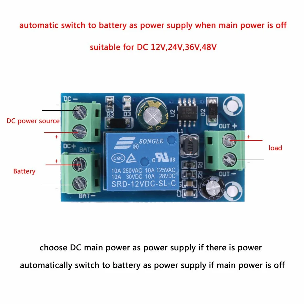 DC 12V 24V 36V 48V Moduł kontrolera zasilania awaryjnego Auto Switch Adapter 10A wyłącz zasilanie