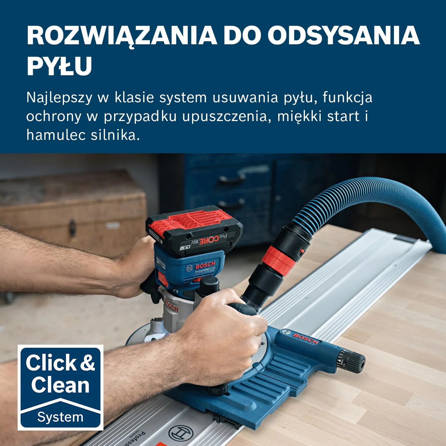 System profesjonalny 18 V firmy Bosch: frezarka akum. GKF 18V-8 (prowadnica równ., 2 adaptery do ods. pyłu – frezowanie, osłona przeciwodpr., tuleja zac. 8 mm, klucz, walizka L-BOXX, bez akum./ład.)
