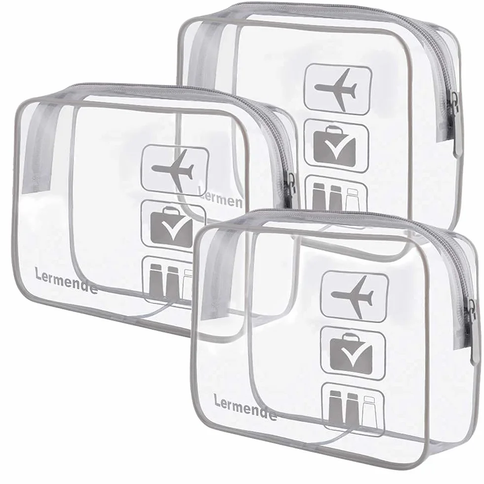 Lermende Przezroczysta kosmetyczka na płyny, bagaż podręczny, z atestem TSA, przezroczysta, zgodna z lotniskiem, 1 litr., 3Grey, 3 Pack, Unisex, dla dorosłych