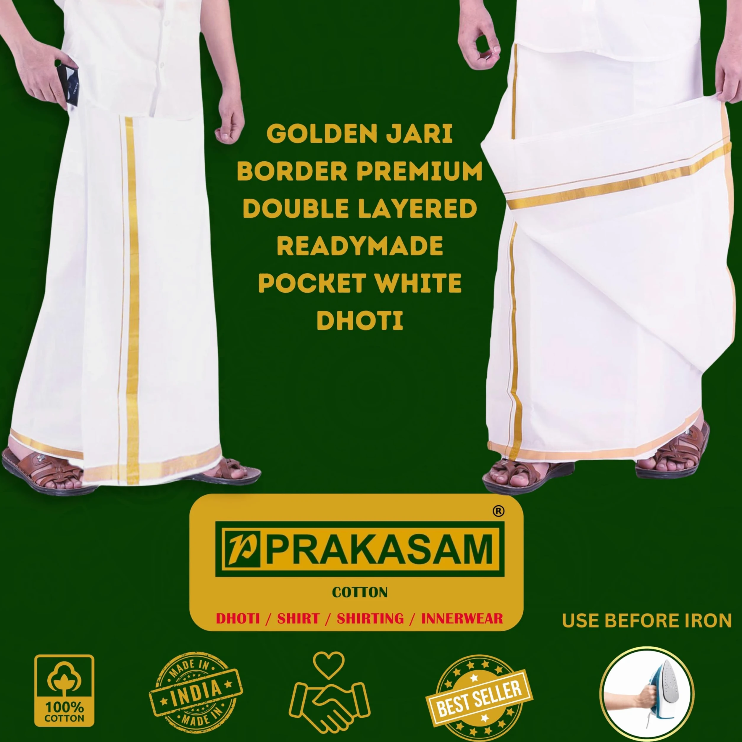 PRAKASAM COTTON Męski kremowy kolor wysokiej jakości Welcro Pocket Jari Cotton Double Dhoti (PC-VEL-PKT-DBL-CREAM-SS-), biały, 30