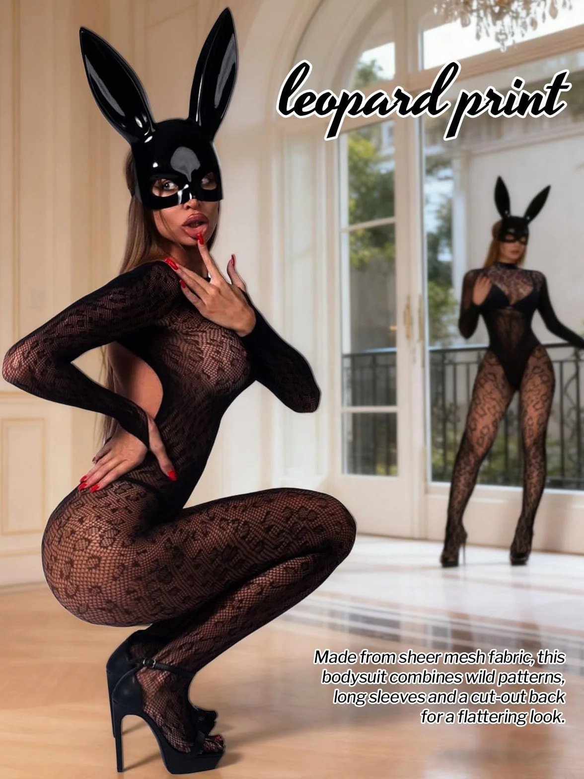 Buitifo Woman Sexy Lingerie Bodysuit Fishnet Body Stocking Leopard Jumpsuit Rave Outfits(Black2,M)
